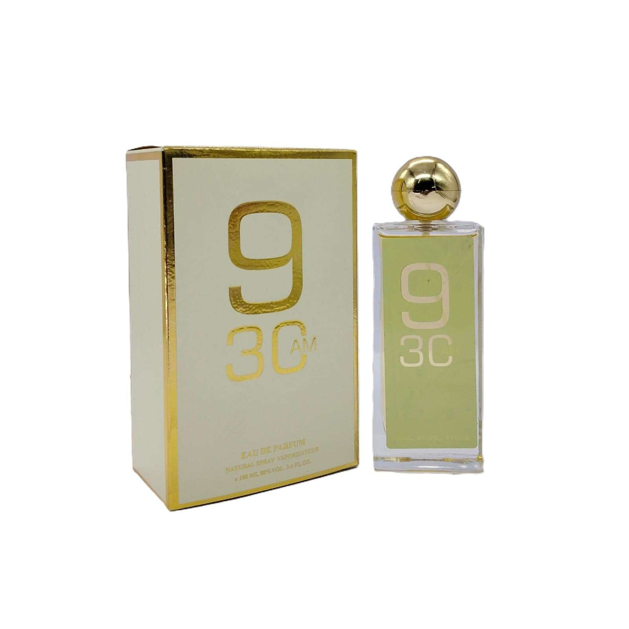 Perfume bottle and packaging with 9:30 AM branding on a white background. This is a fragrance from EBC Collection.