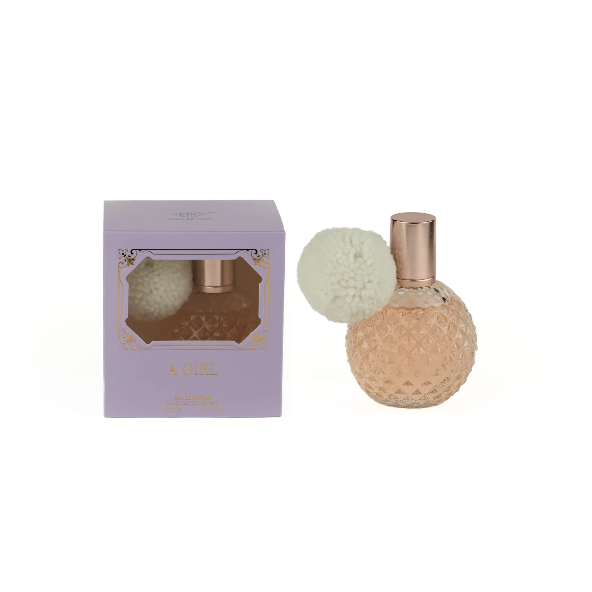 A Girl Perfume bottle with textured design and matching box on a white background. This fragrance is from EBC Collection.