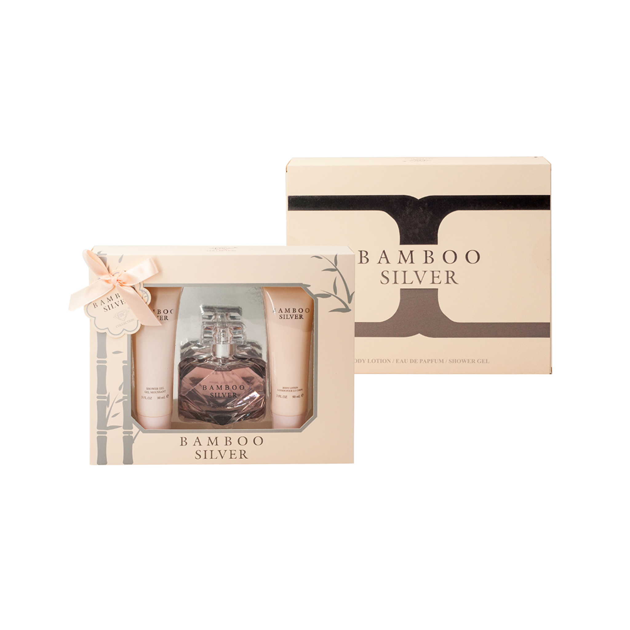 Bamboo Silver skincare product set with packaging on a white background. This fragrance is from EBC Collection.