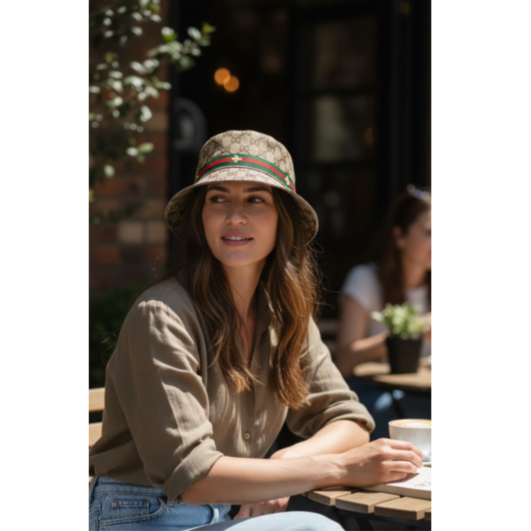 Woman sitting outdoors with a beige bucket hat, holding a cup. The highlight of the image is the bucket hat. The color is beige, it has a red and green stripe around the bucket hat. on top of the stripe is a small yellow embroidered bee logo.
