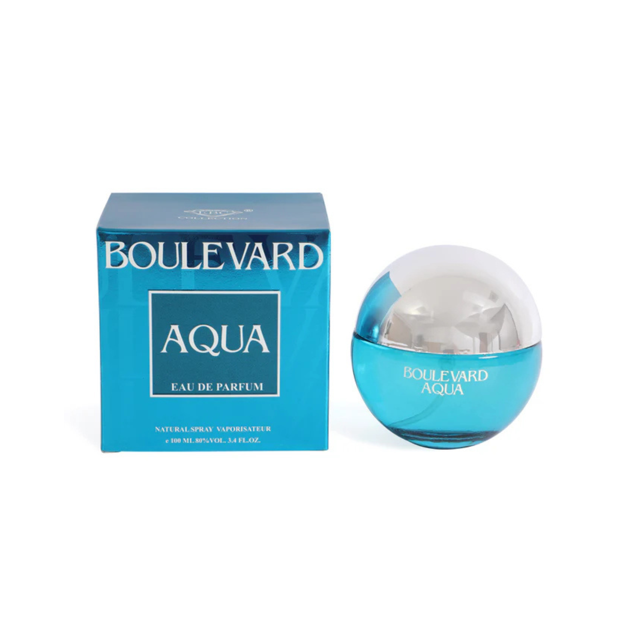 Boulevard Aqua eau de parfum bottle and packaging on a white background. This fragrance is from EBC Collection.