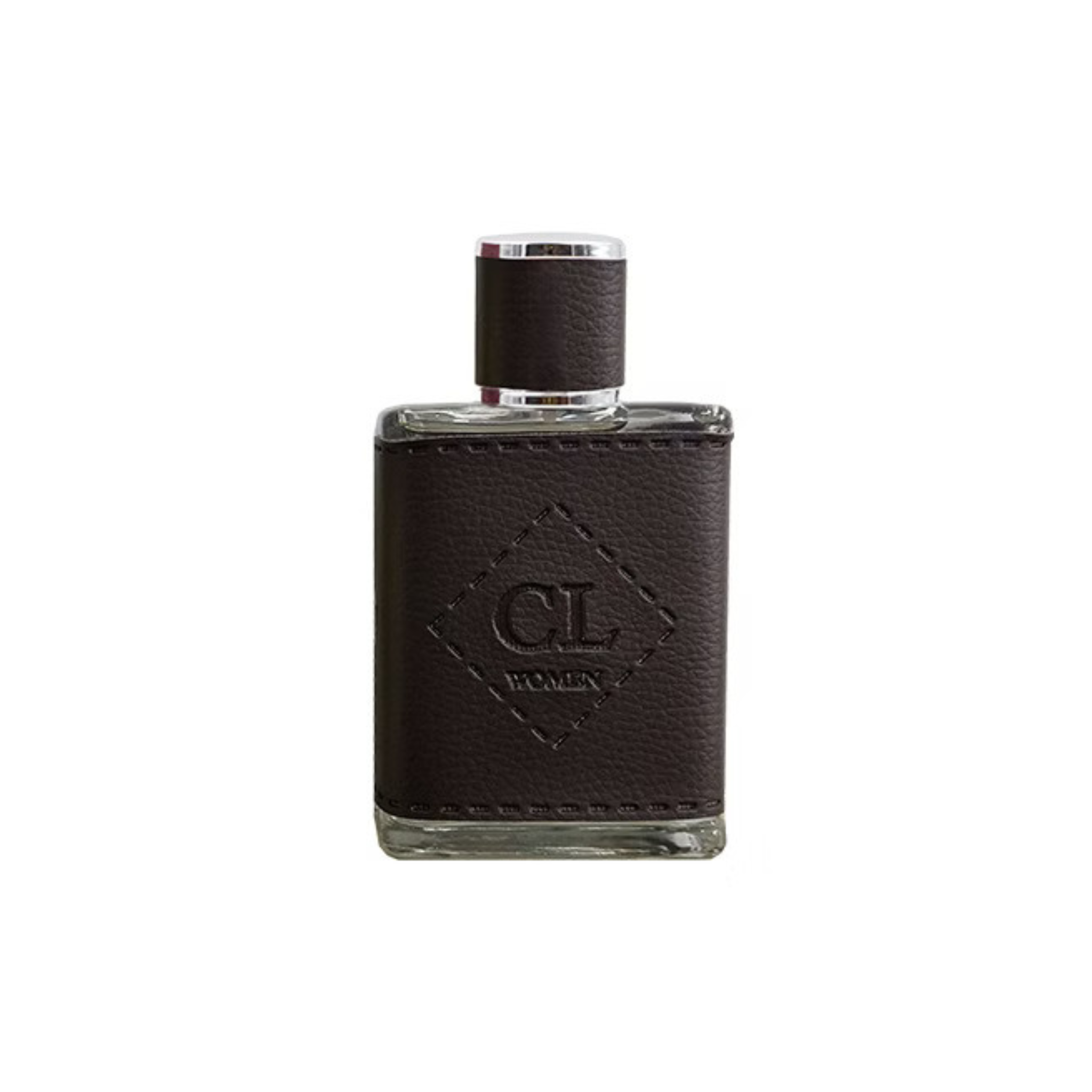 Perfume bottle with brown leather cap and case on a white background. This fragrance is from EBC Collection.