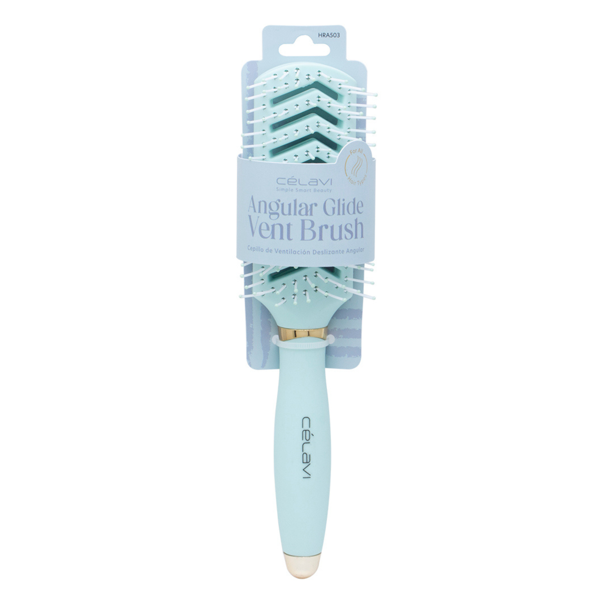 Celavi skincare brand angular glide vent brush in Light green with packaging on a white background