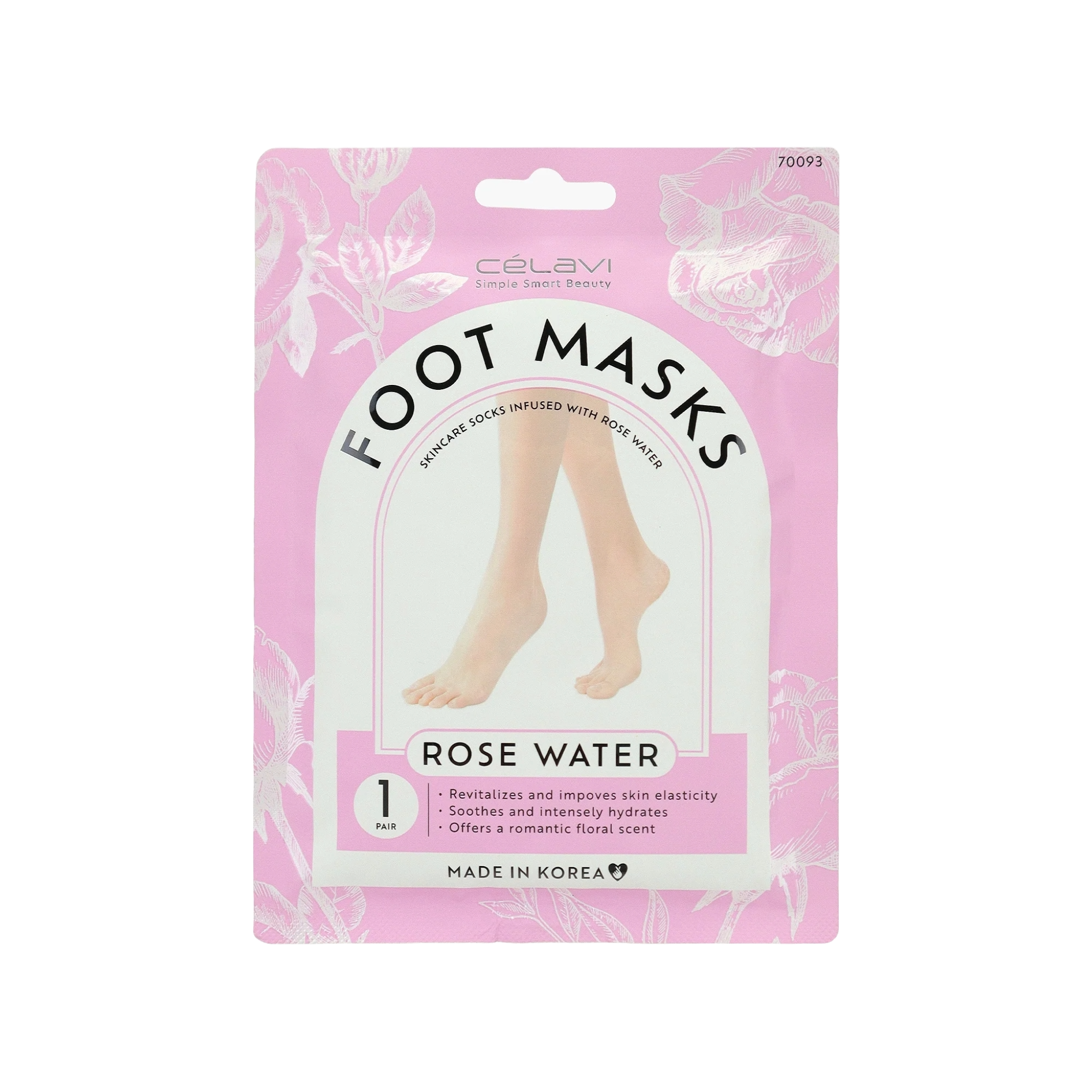 Celavi foot masks with rose water. Skincare socks infused with rose water. One pair they are foot masks or skincare socks infused with rose water.