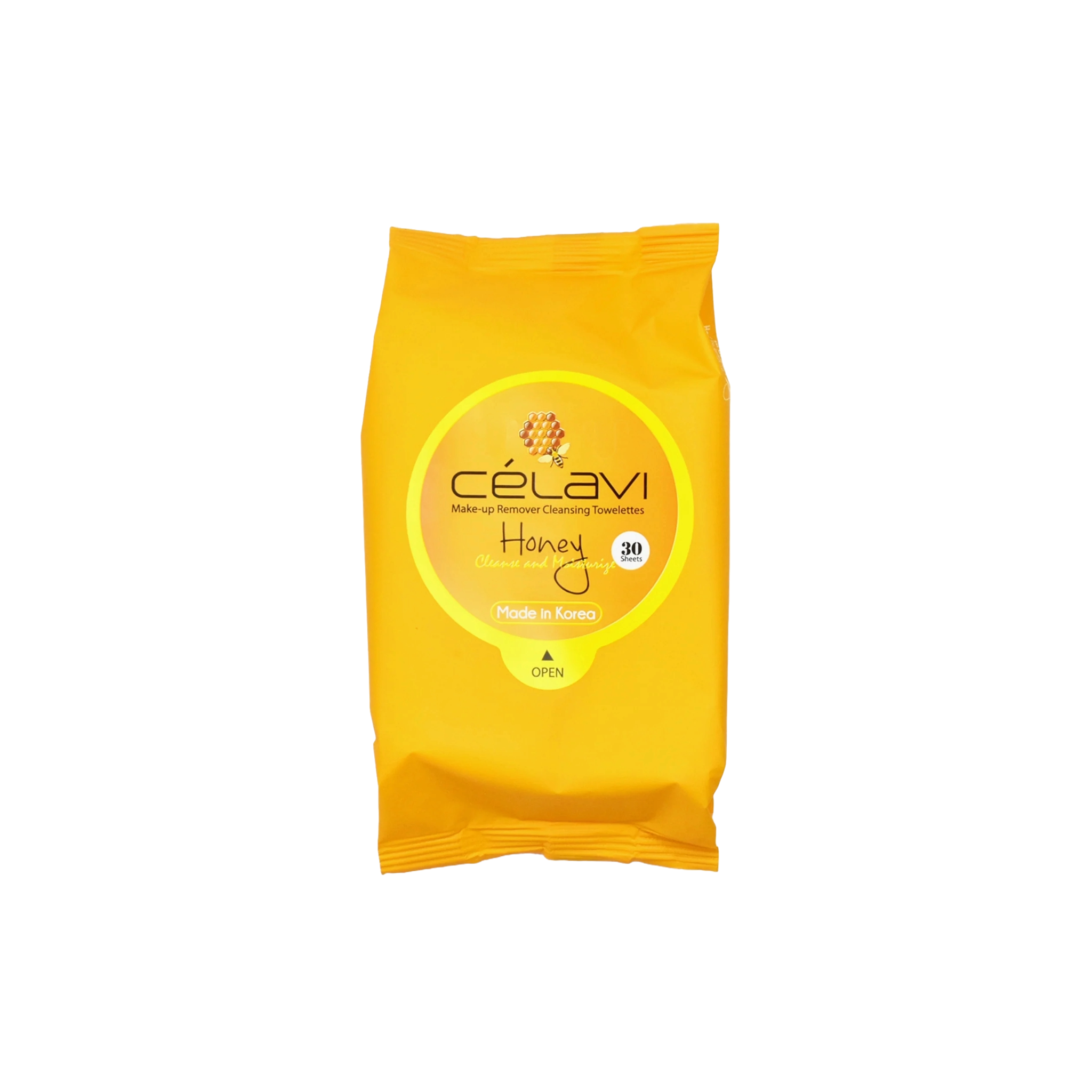 Yellow package of Celavi Honey makeup removing wipes on a white background