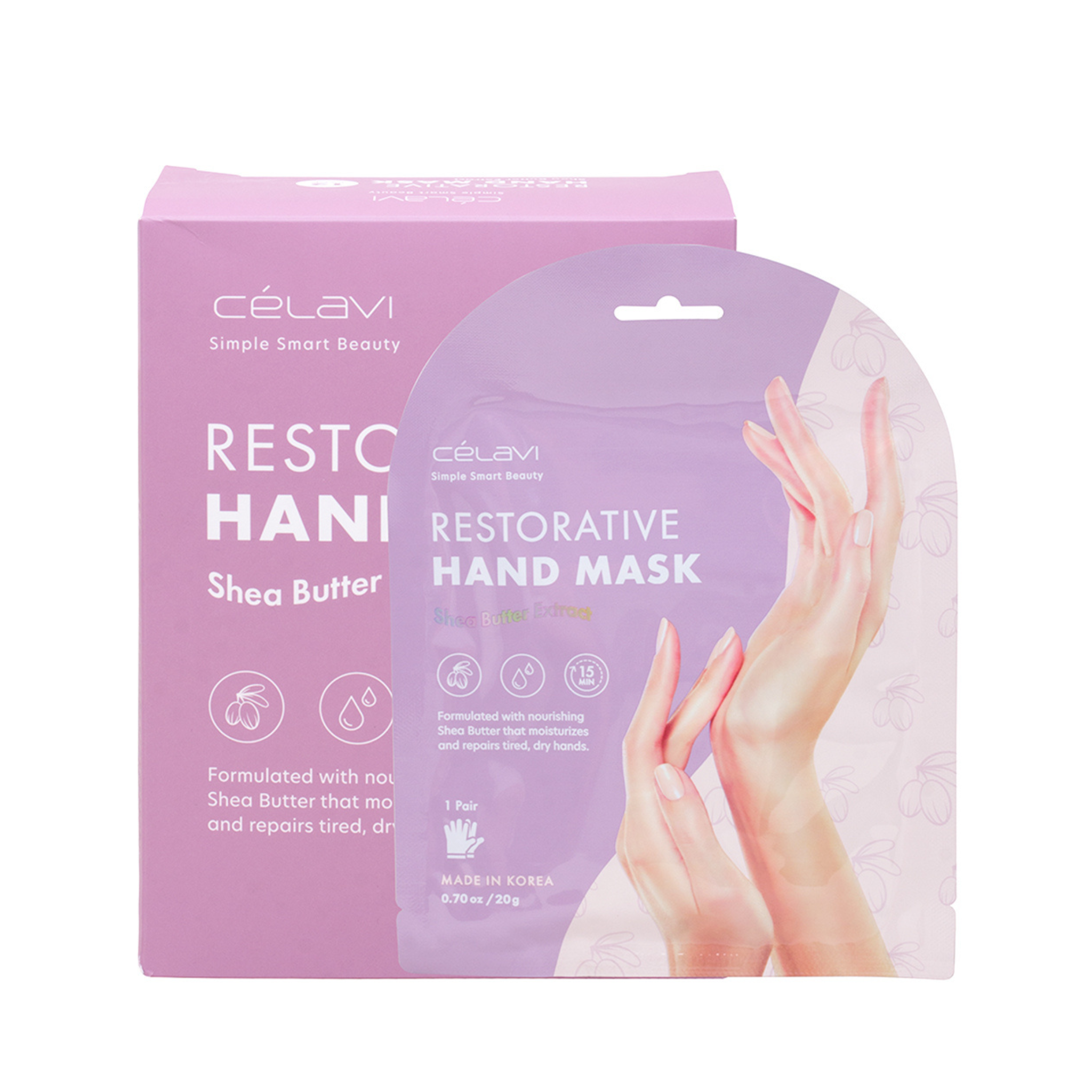 Célavi Restorative Hand Mask packaging infused with shea butter formula on a white background