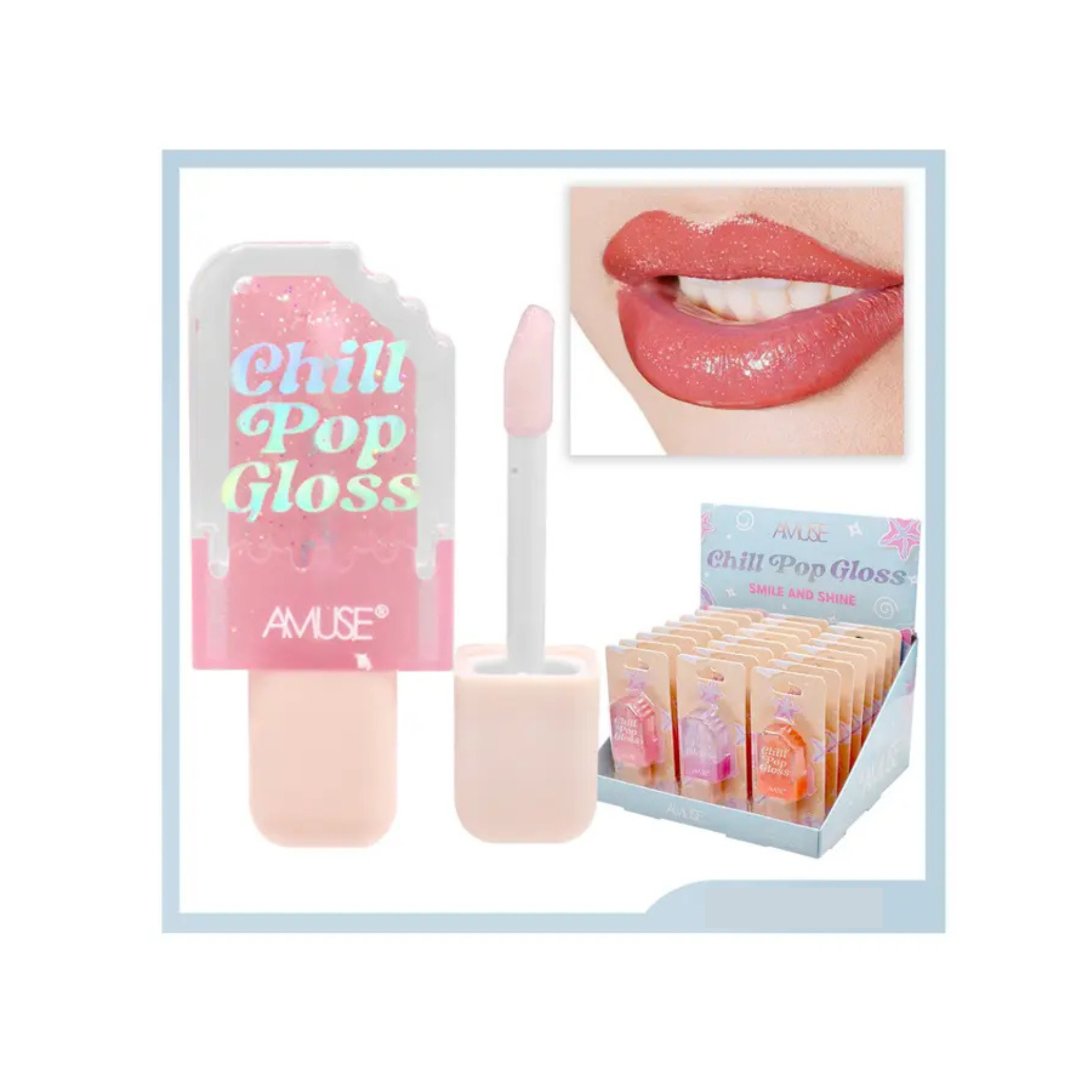 Chill Pop Gloss with packaging and close-up of lips wearing the product. This is Amuse brand lip gloss.