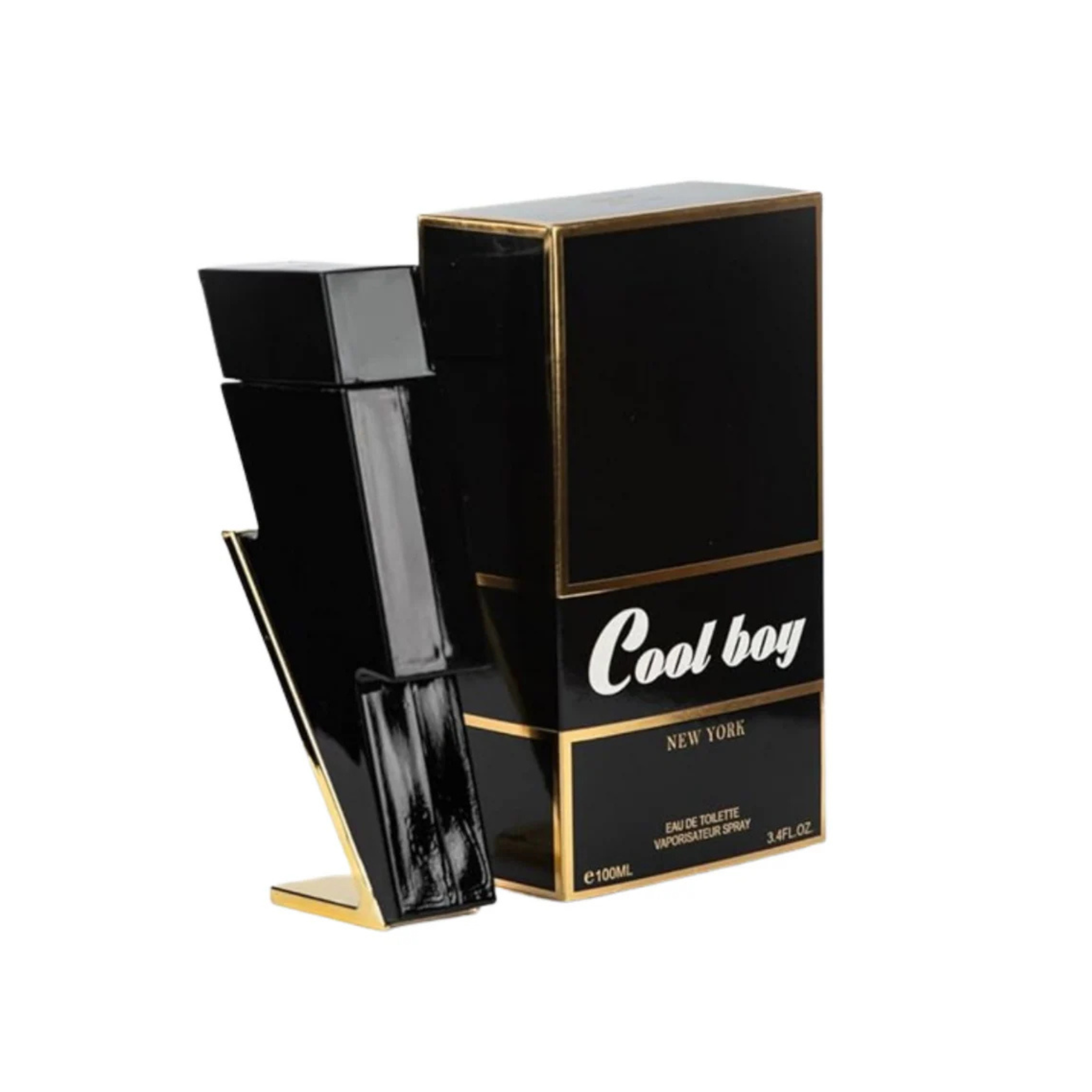 Black perfume bottle in the shape of a lightning bolt with 'Cool Boy' packaging on a white background. This fragrance is from EBC Collection.