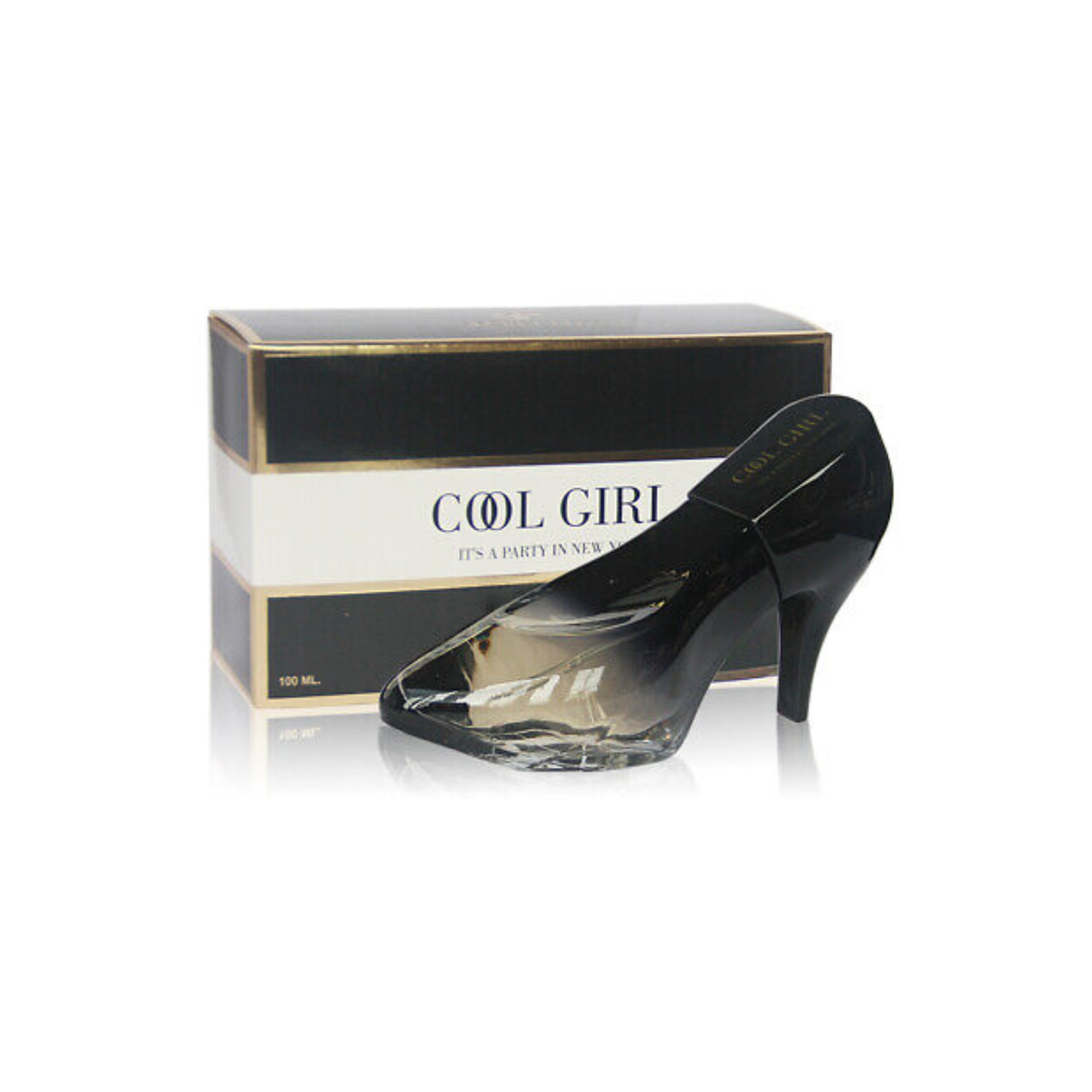 Perfume bottle with high heel design and packaging labeled 'Cool Girl' on a white background. This fragrance is from secret plus brand and it is called Cool Girl: its a party in new york.
