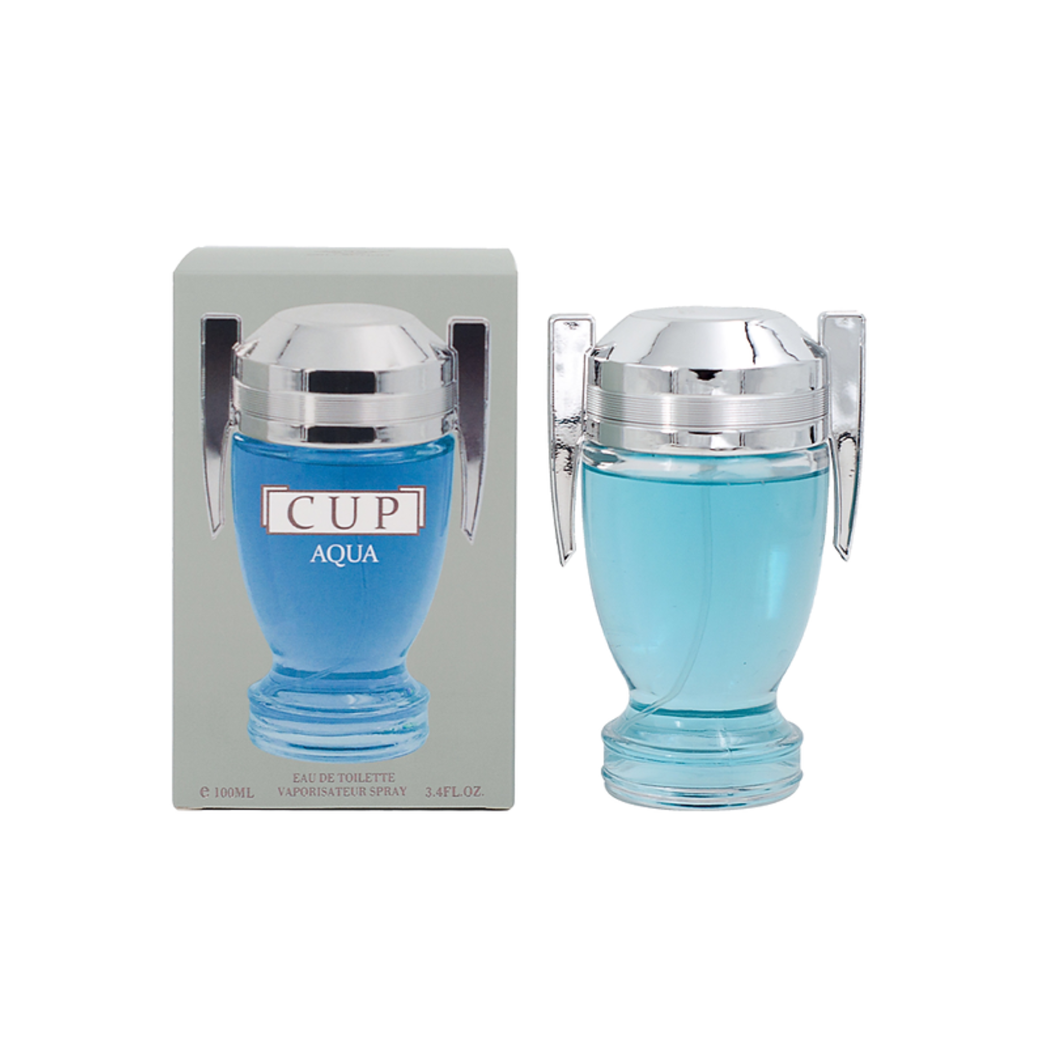 EBC Collection Blue perfume bottle with silver cap and 'CUP Aqua' packaging on a white background