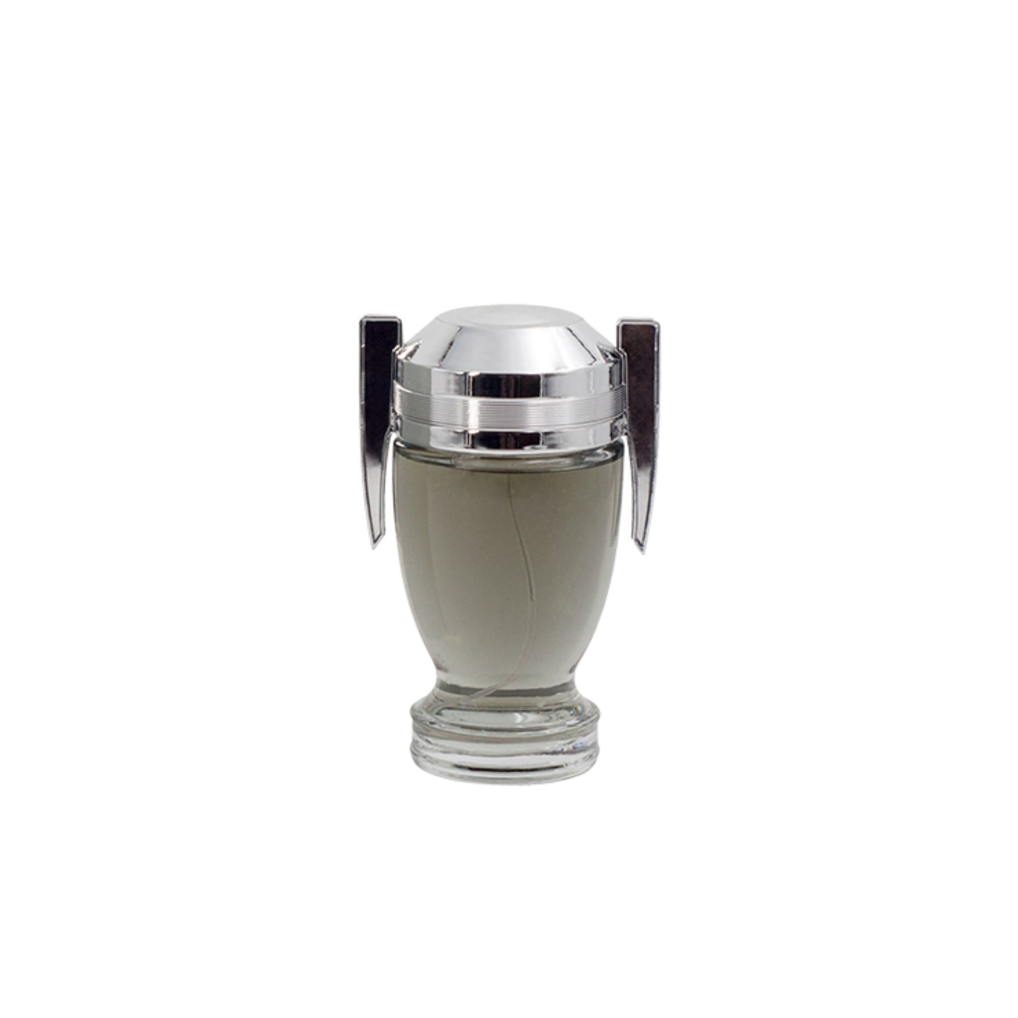 Silver cup shaped perfume bottle on a white background. This is an EBC Collection.