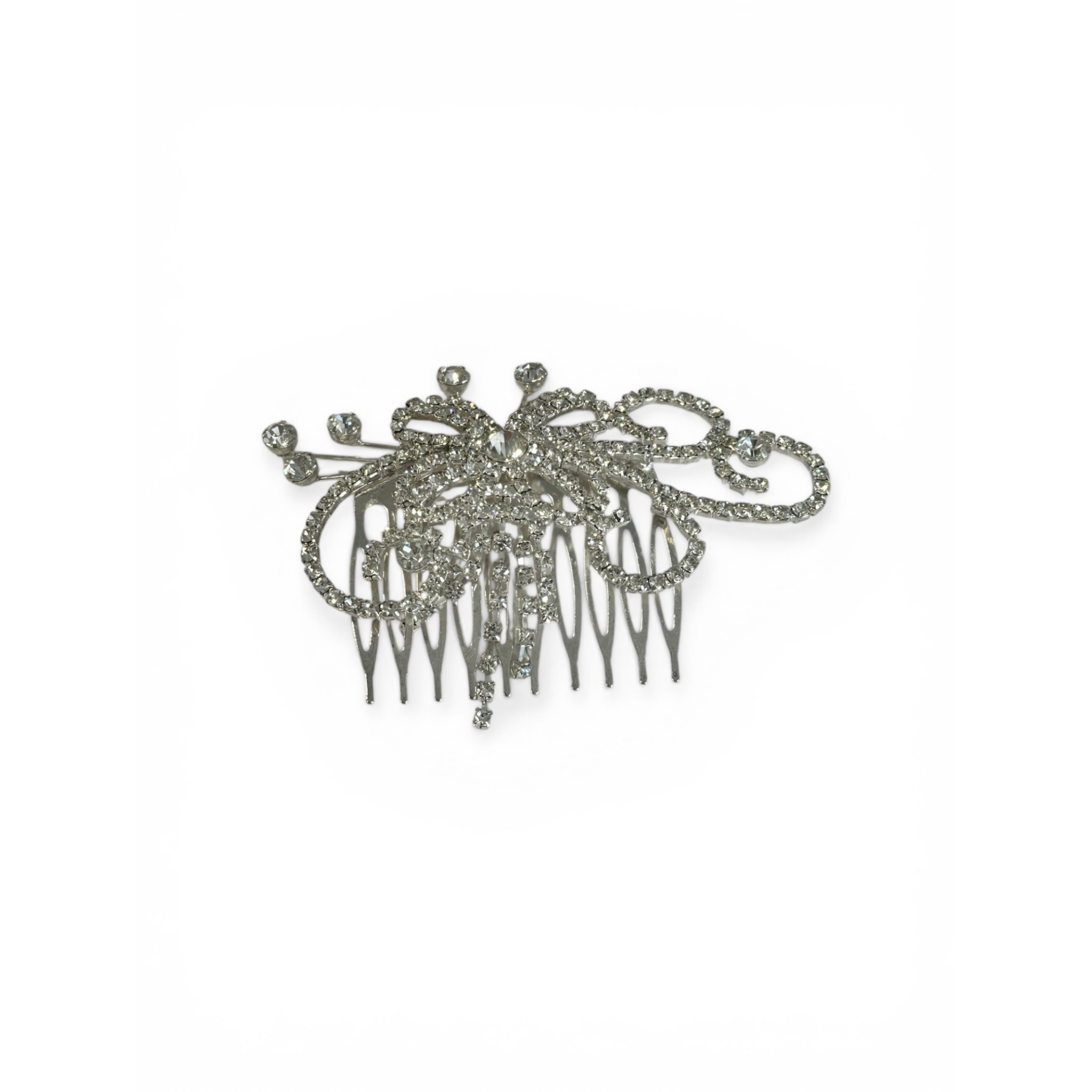 Silver decorative hair comb on a white background
