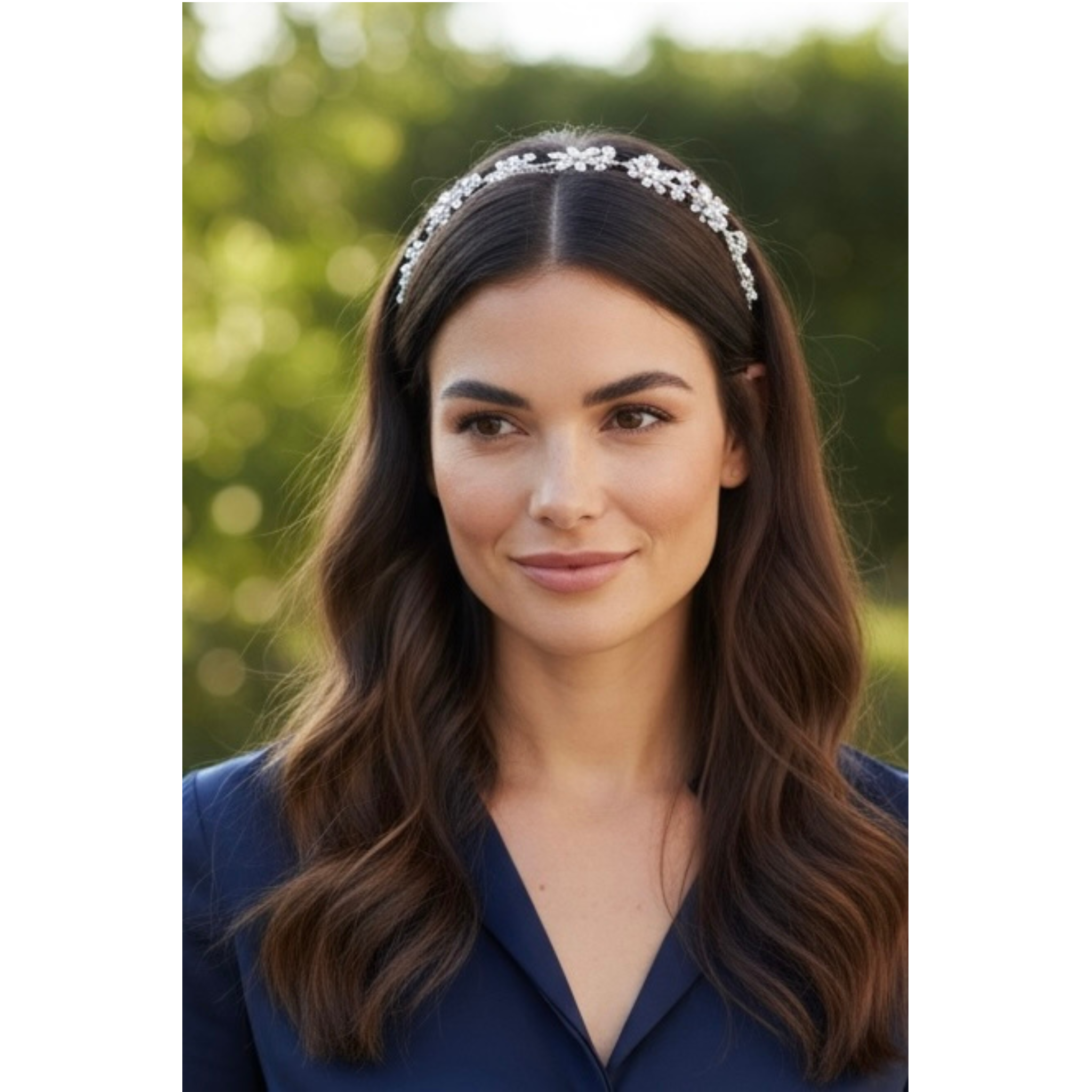 Woman wearing a decorative headband with a blurred green background
