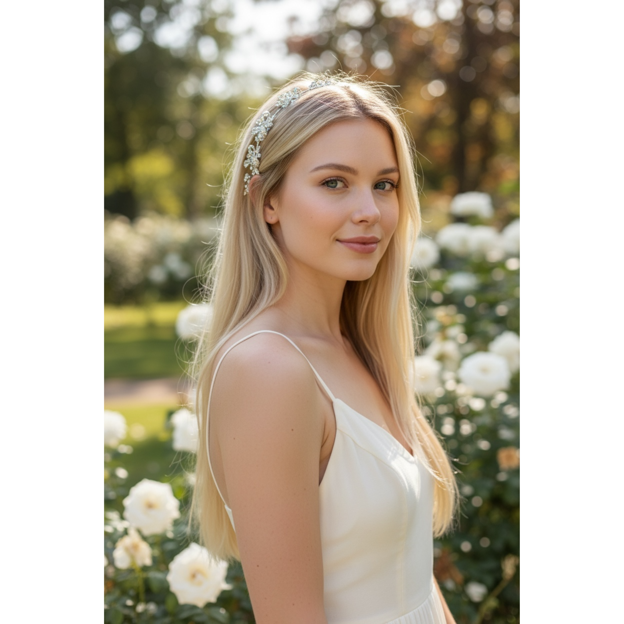 Woman with a floral headband standing in a garden with white flowers. This image showcases the headband the woman is wearing
