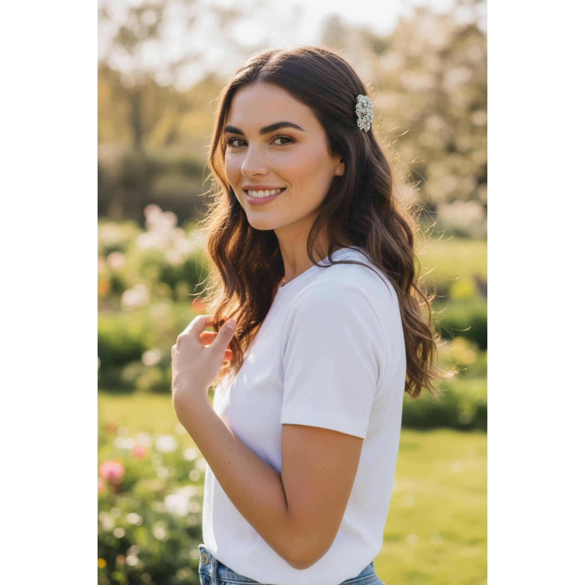 Woman in a white shirt standing in a garden with blurred background