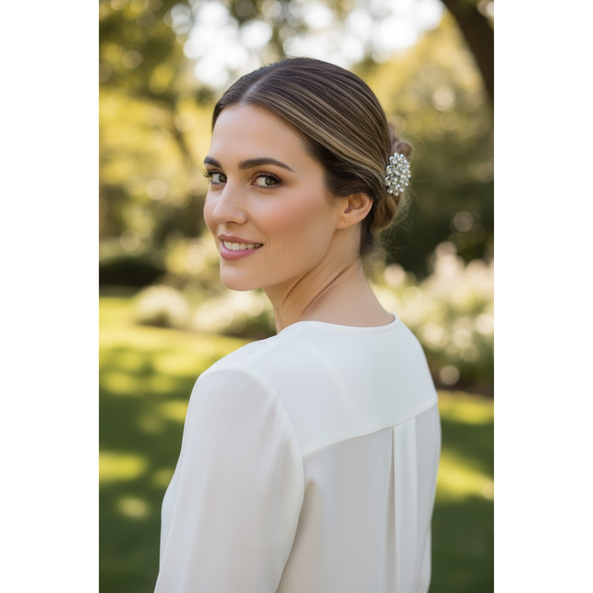 Woman in a white dress with a blurred green outdoor background