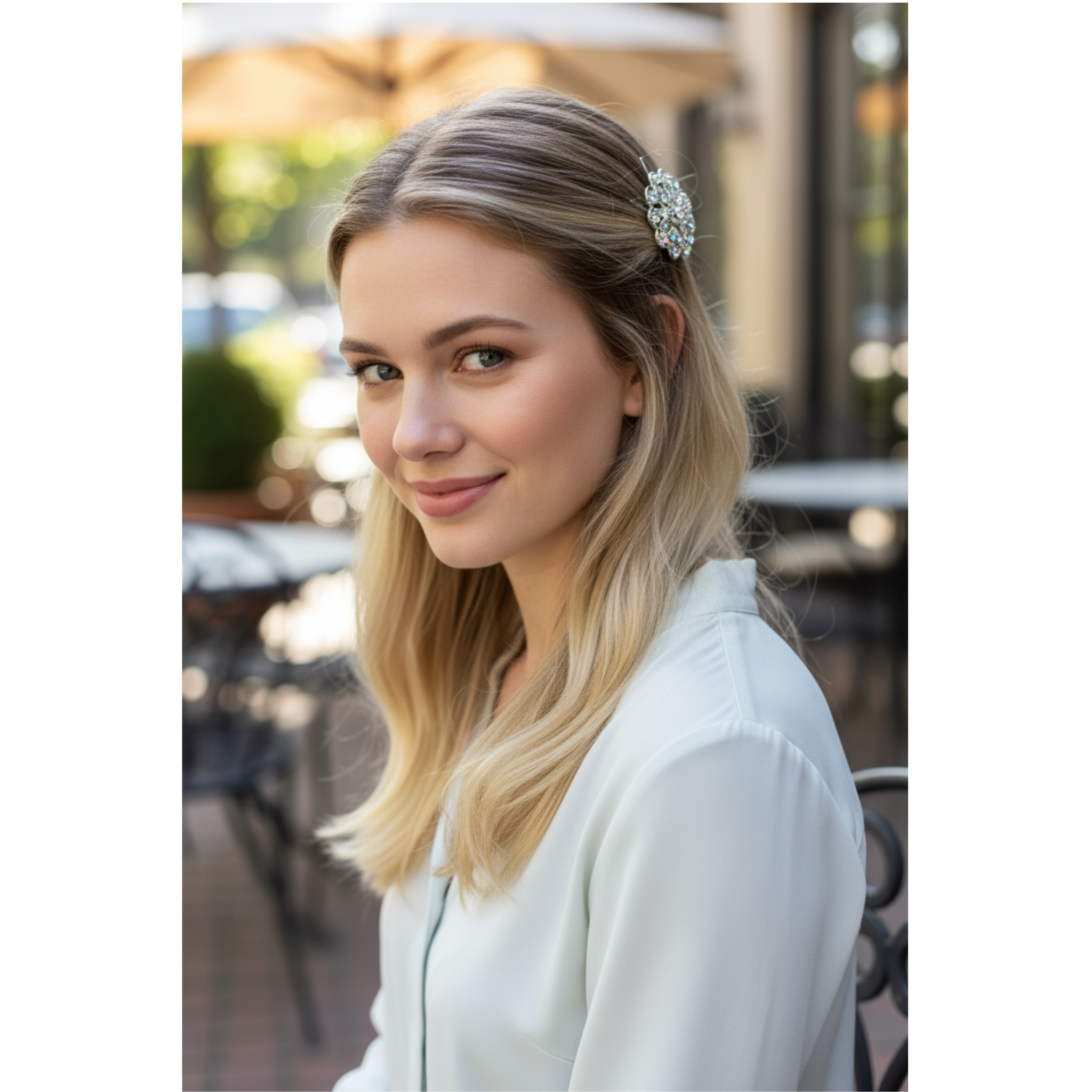 Woman with blonde hair wearing a headband outdoors