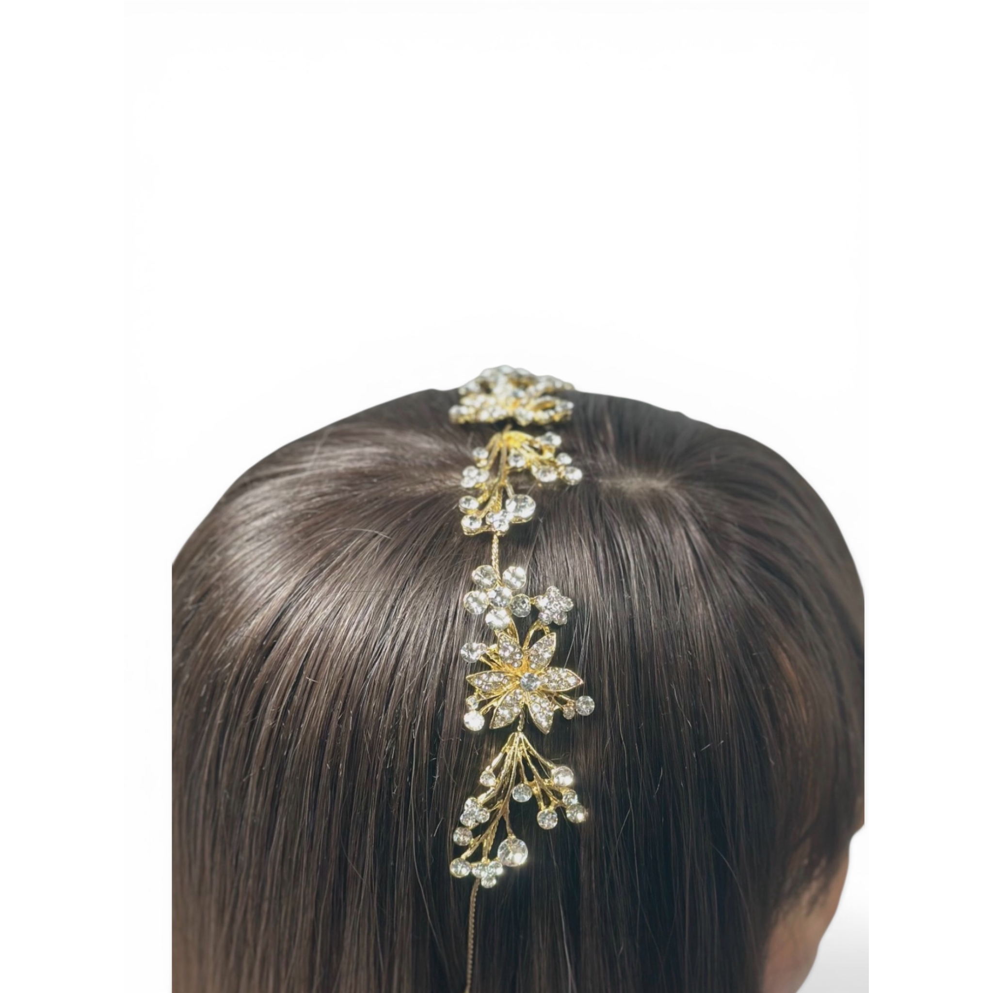 Decorative hair accessory on a person's head with a plain background