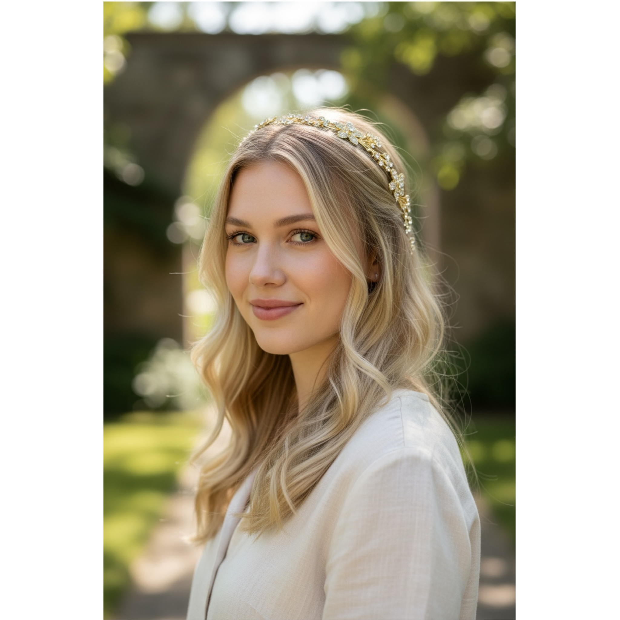 Woman with a floral headband in an outdoor setting. This image showcases the headband on the woman's head.