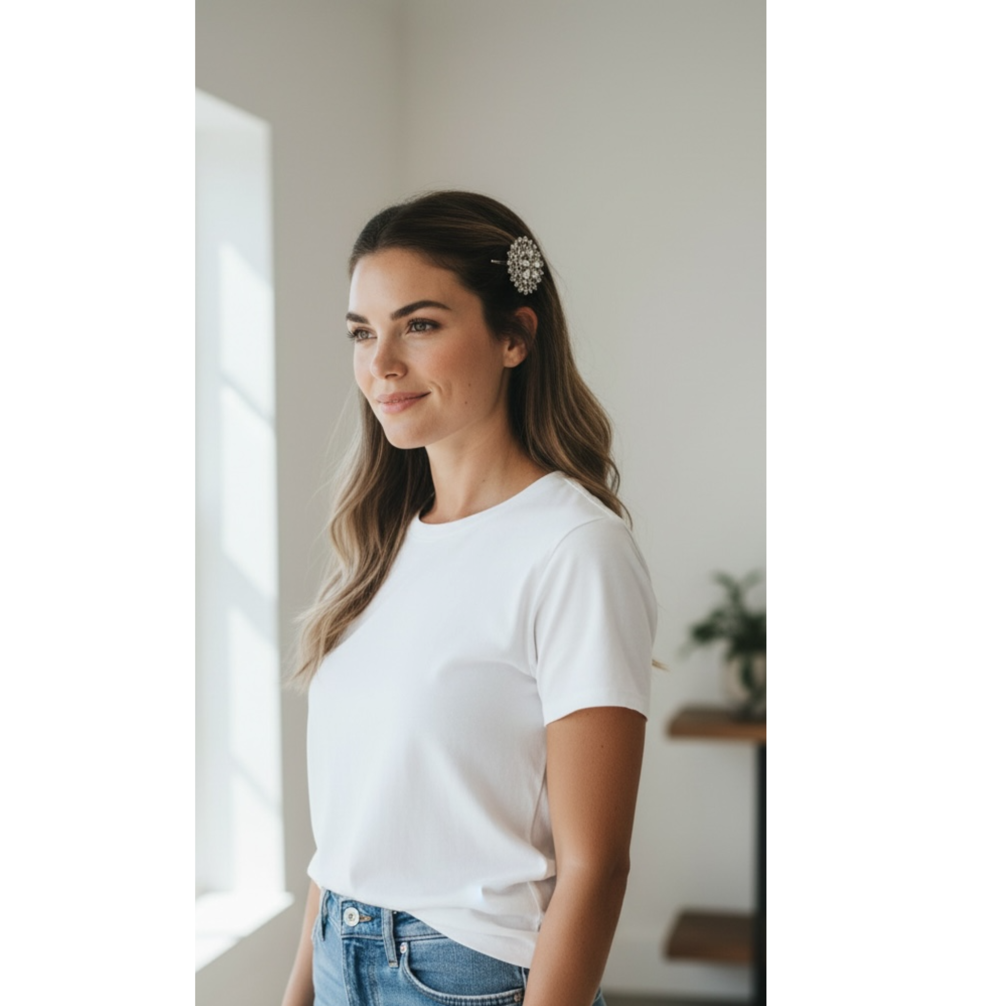 Woman wearing a white t-shirt and blue jeans indoors. This image highlights the beautiful decorative hair clip on the woman's hair.