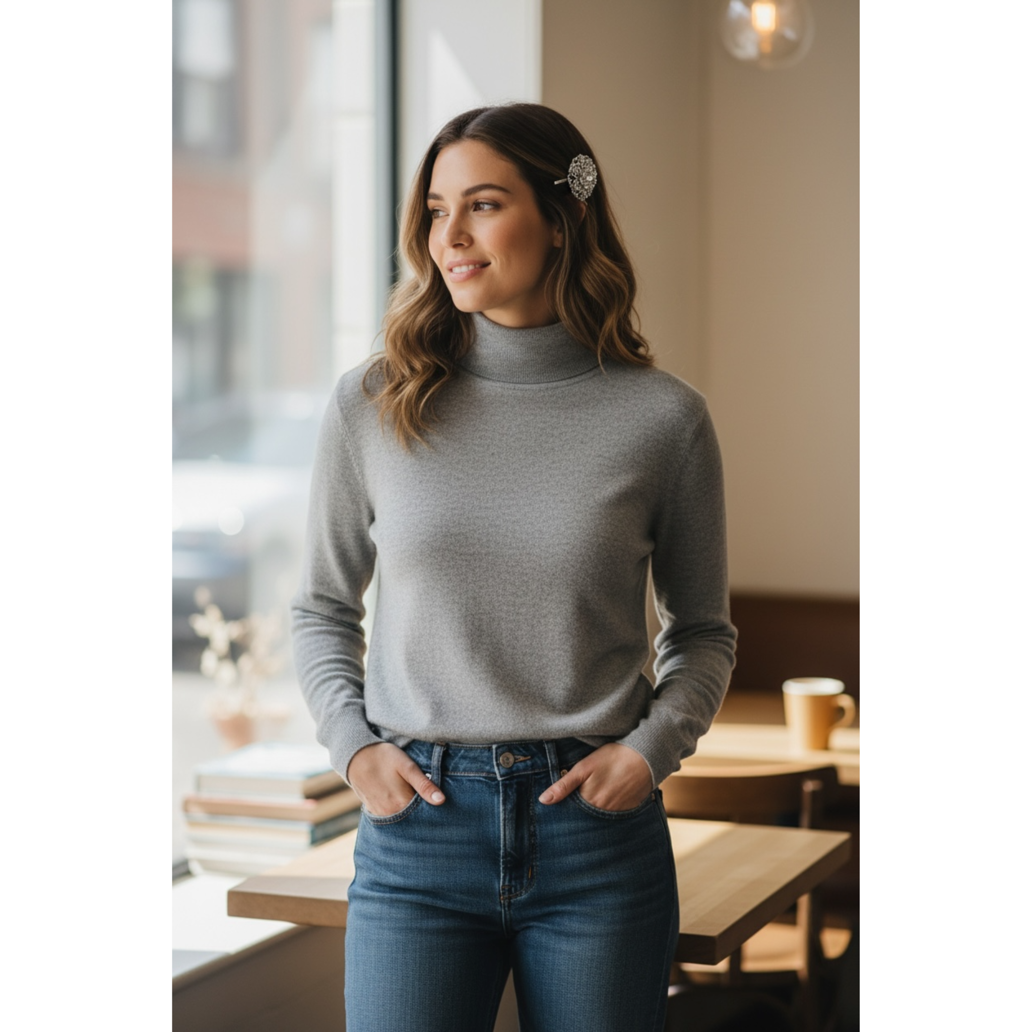 Woman wearing a gray turtleneck sweater and blue jeans in a casual setting. This image highlights the decorative hair clip on the side of the woman's hair.