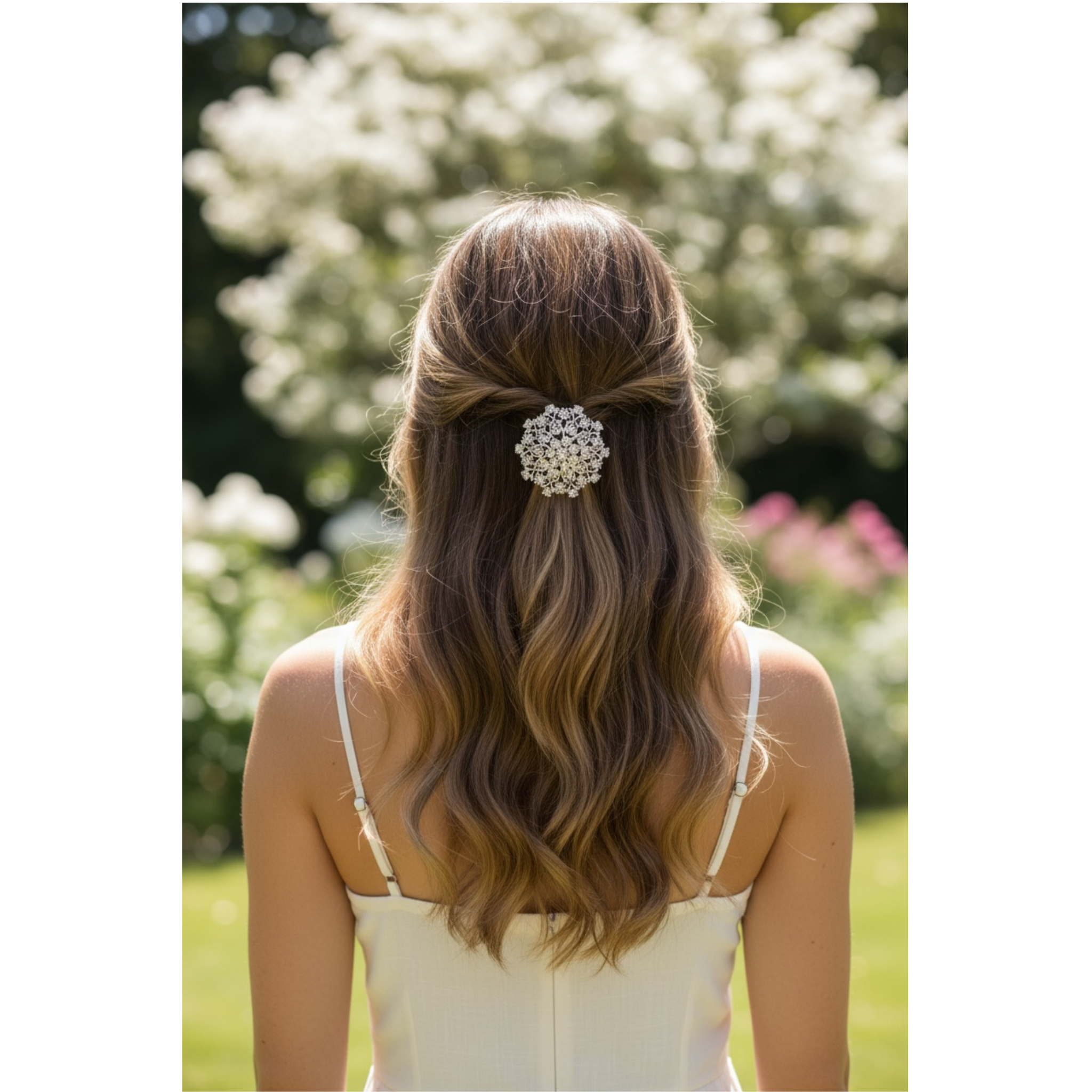 Person with a decorative hair clip in their hair, standing outdoors with greenery in the background