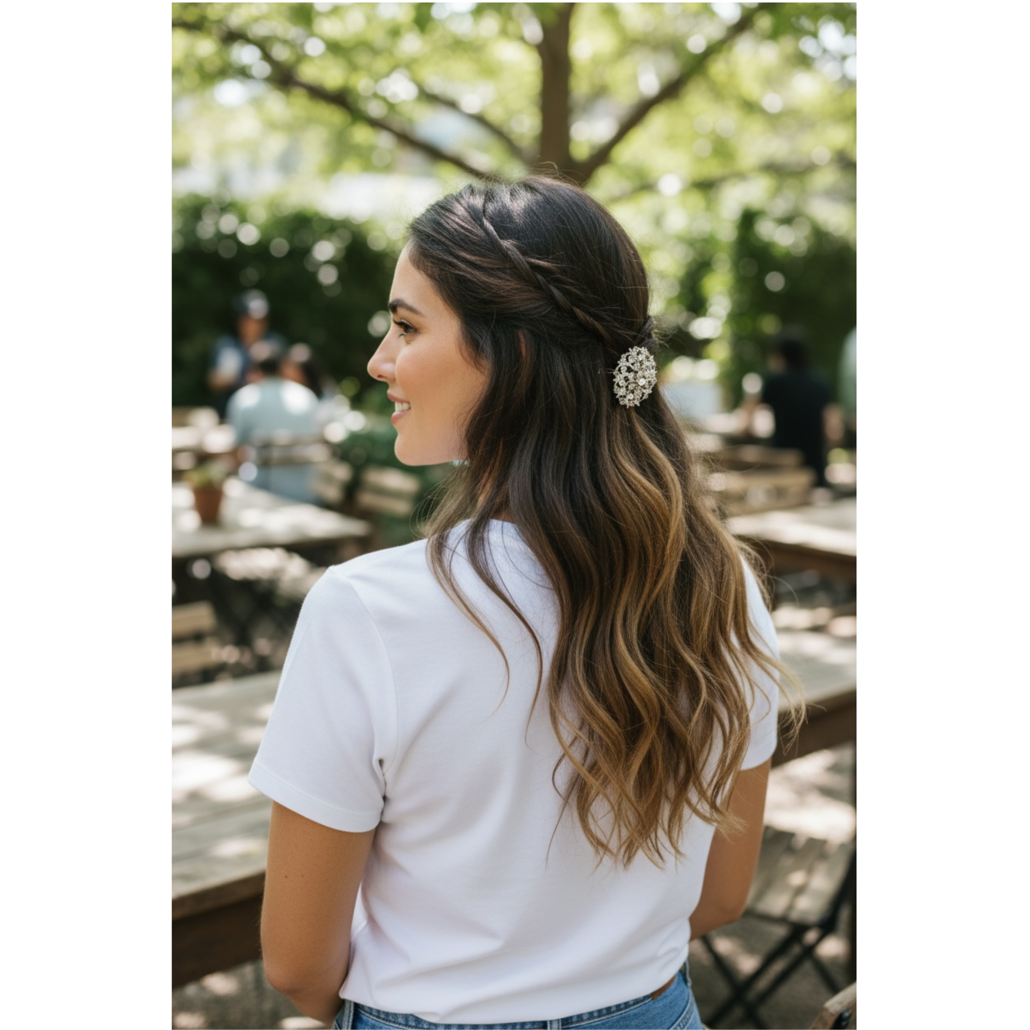 Woman with a decorative hair clip in an outdoor setting
