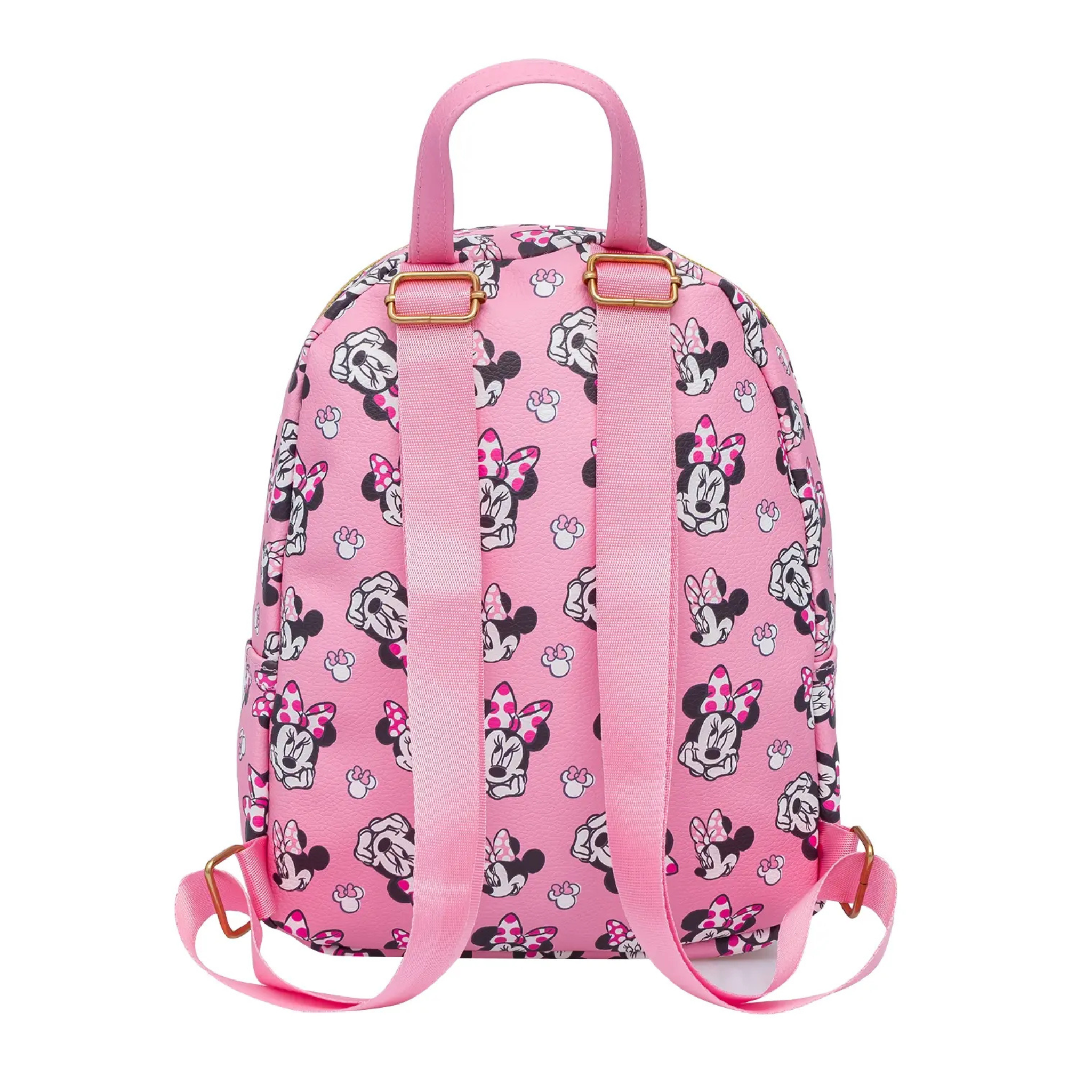 Pink mini backpack with Minnie Mouse pattern on a white background