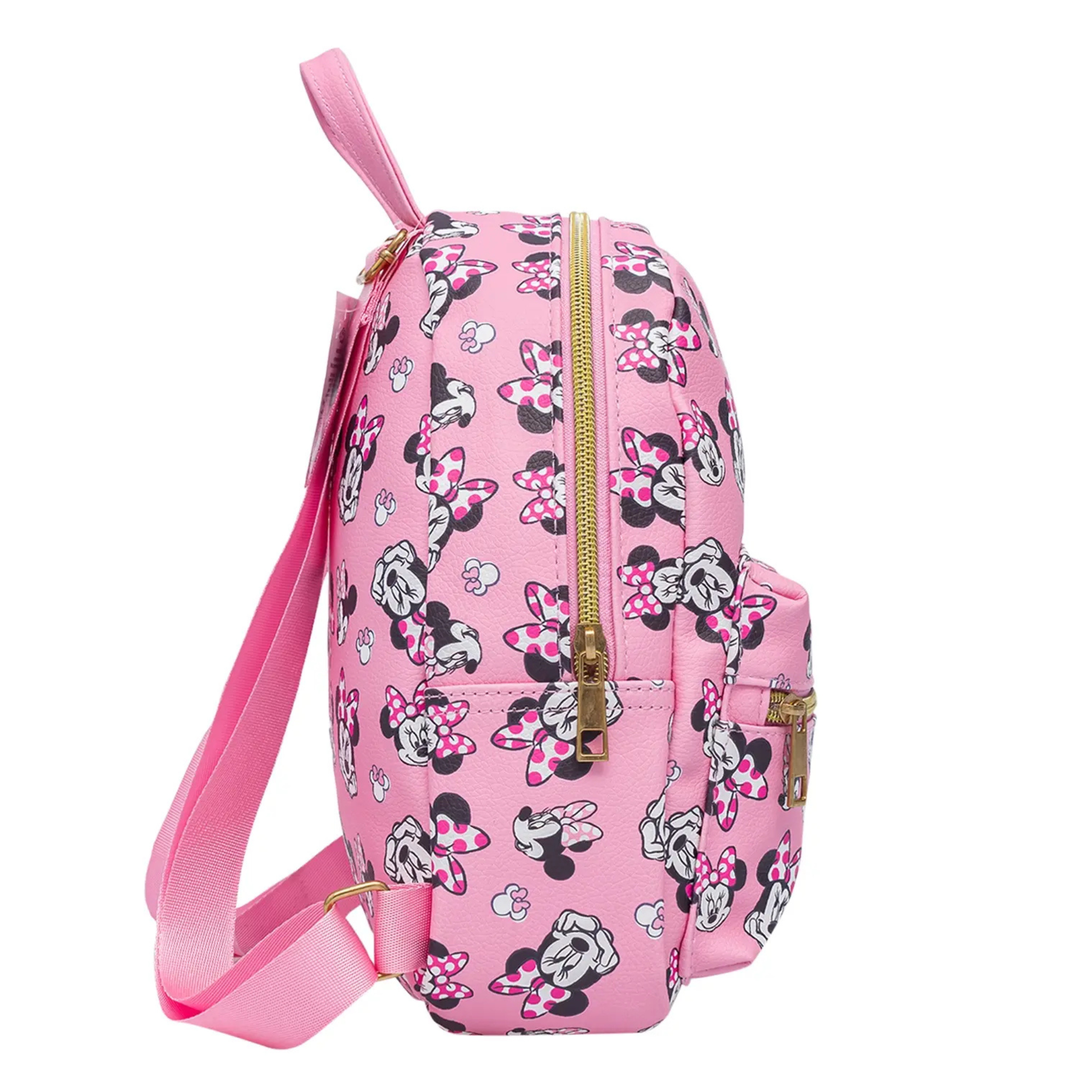 Pink backpack with Minnie Mouse pattern on a white background