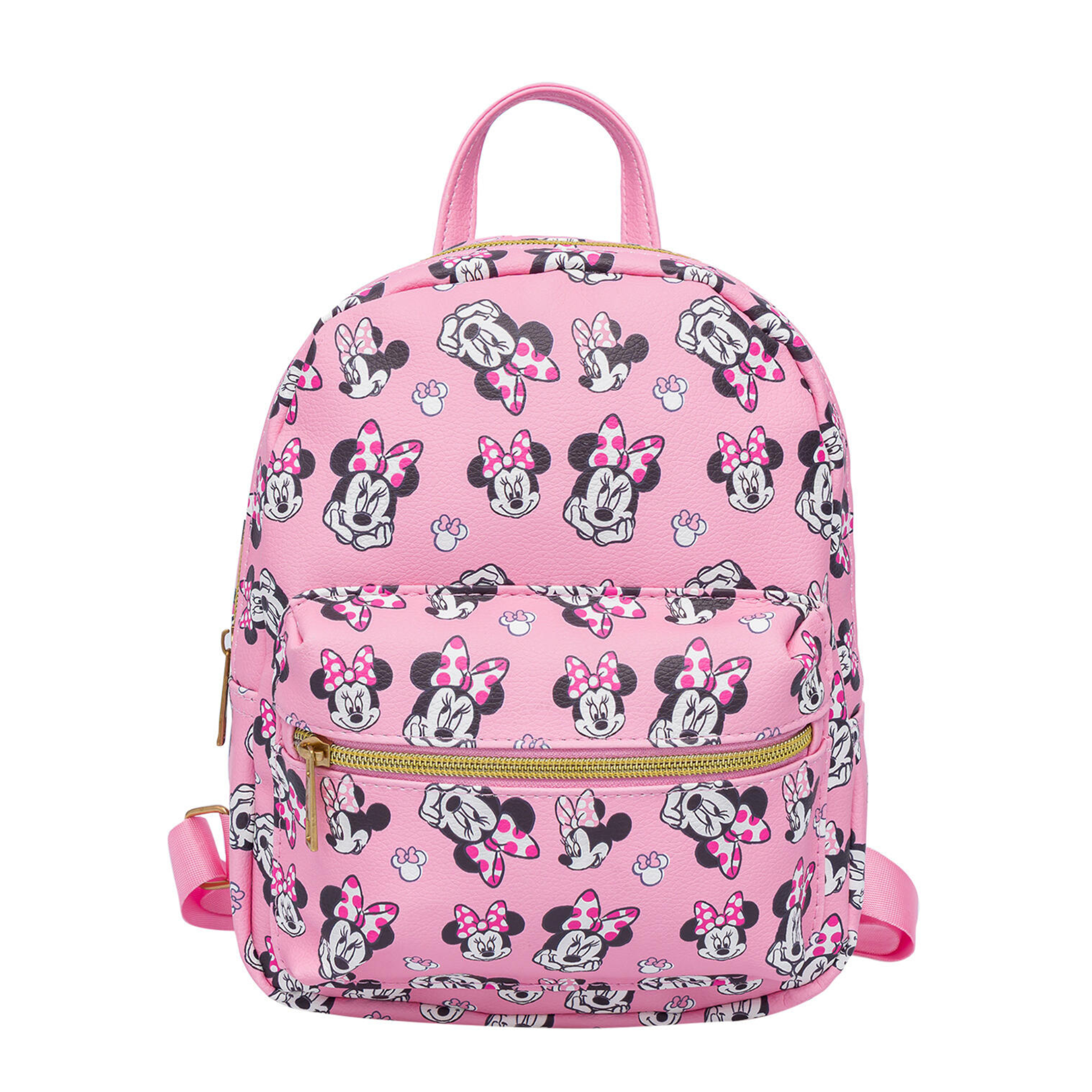 Pink mini backpack with Minnie Mouse pattern on a white background