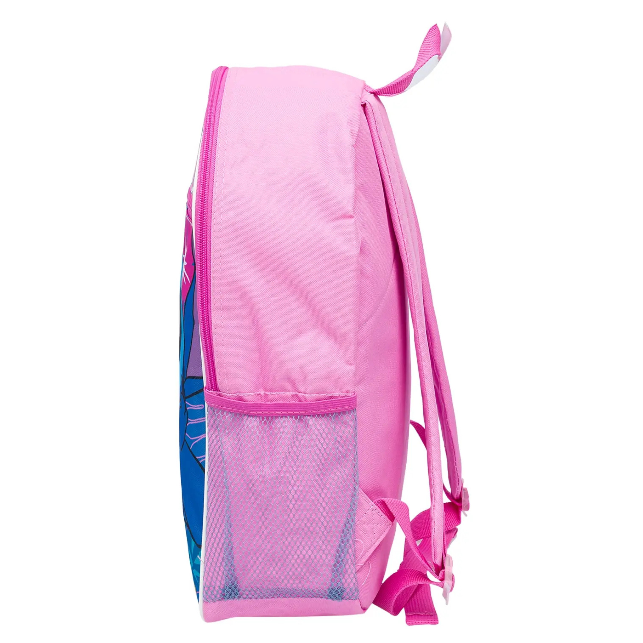 Pink and blue lilo and stitch backpack with a mesh side pocket on a white background