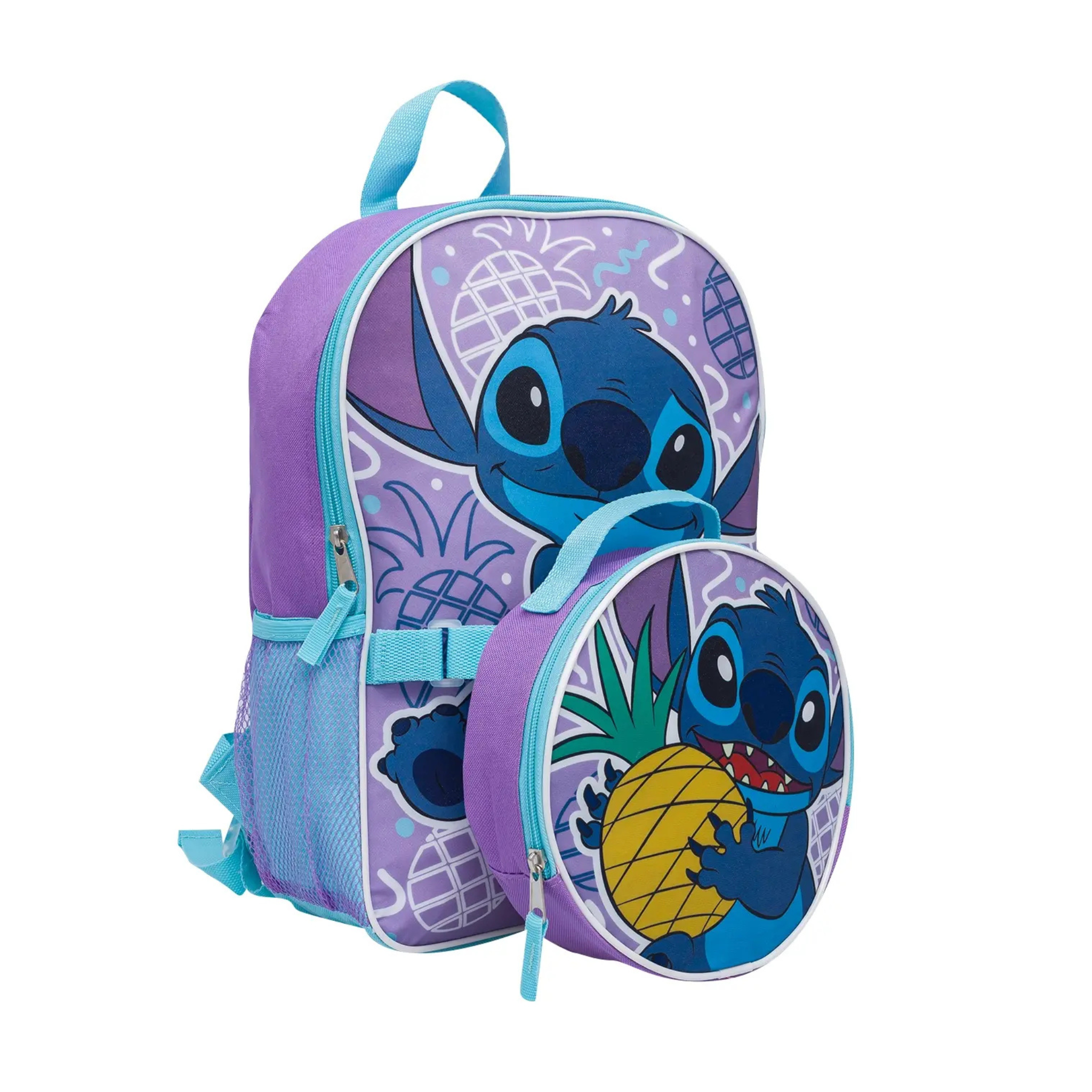Backpack and round lunch bag with Lilo and Stitch character design on a white background