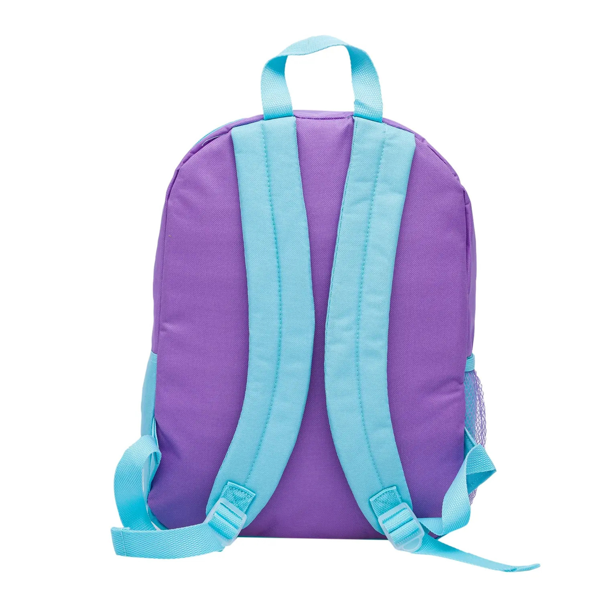 Purple and light blue backpack on a white background