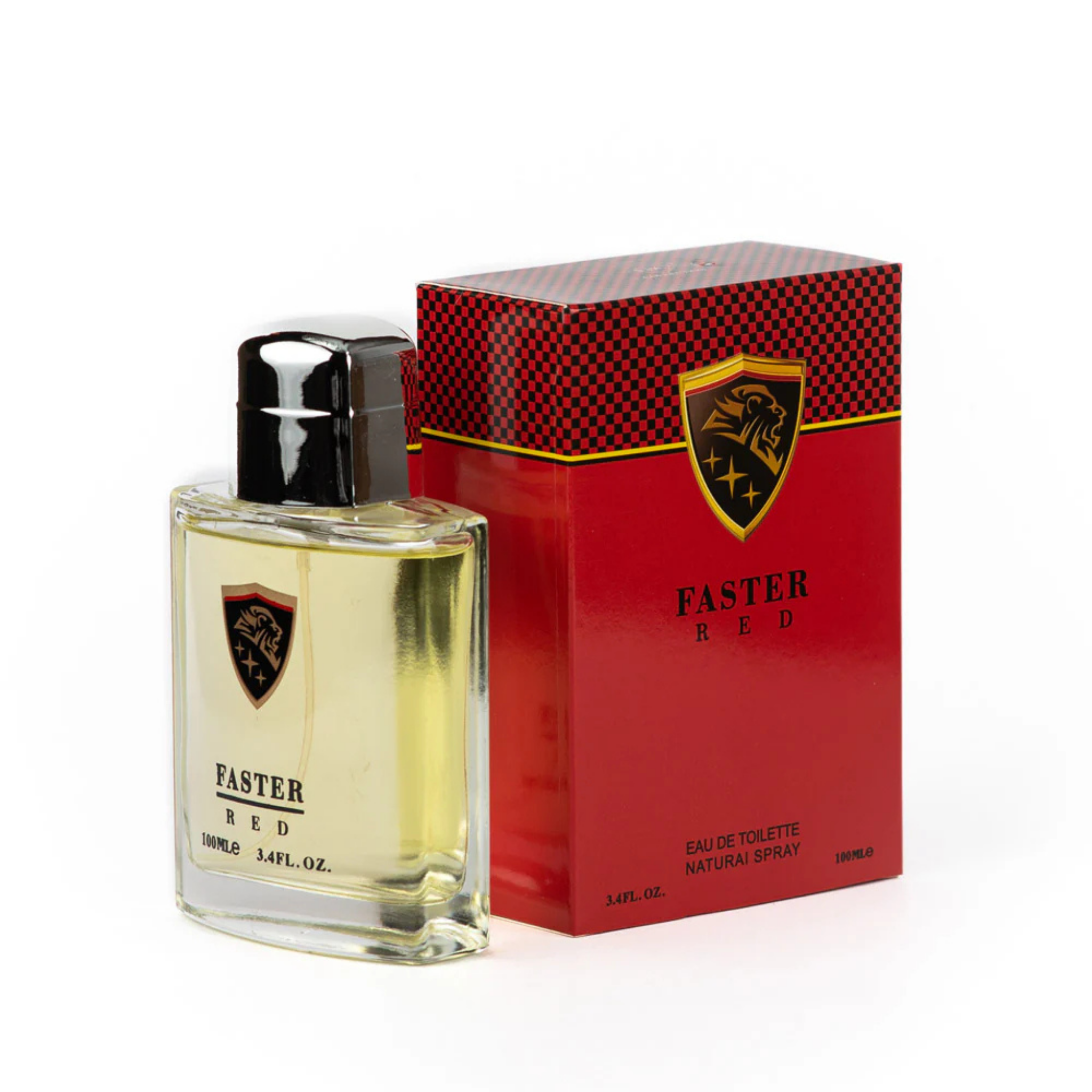 Faster Red perfume bottle and packaging on a white background. This fragrance is from EBC Collection.