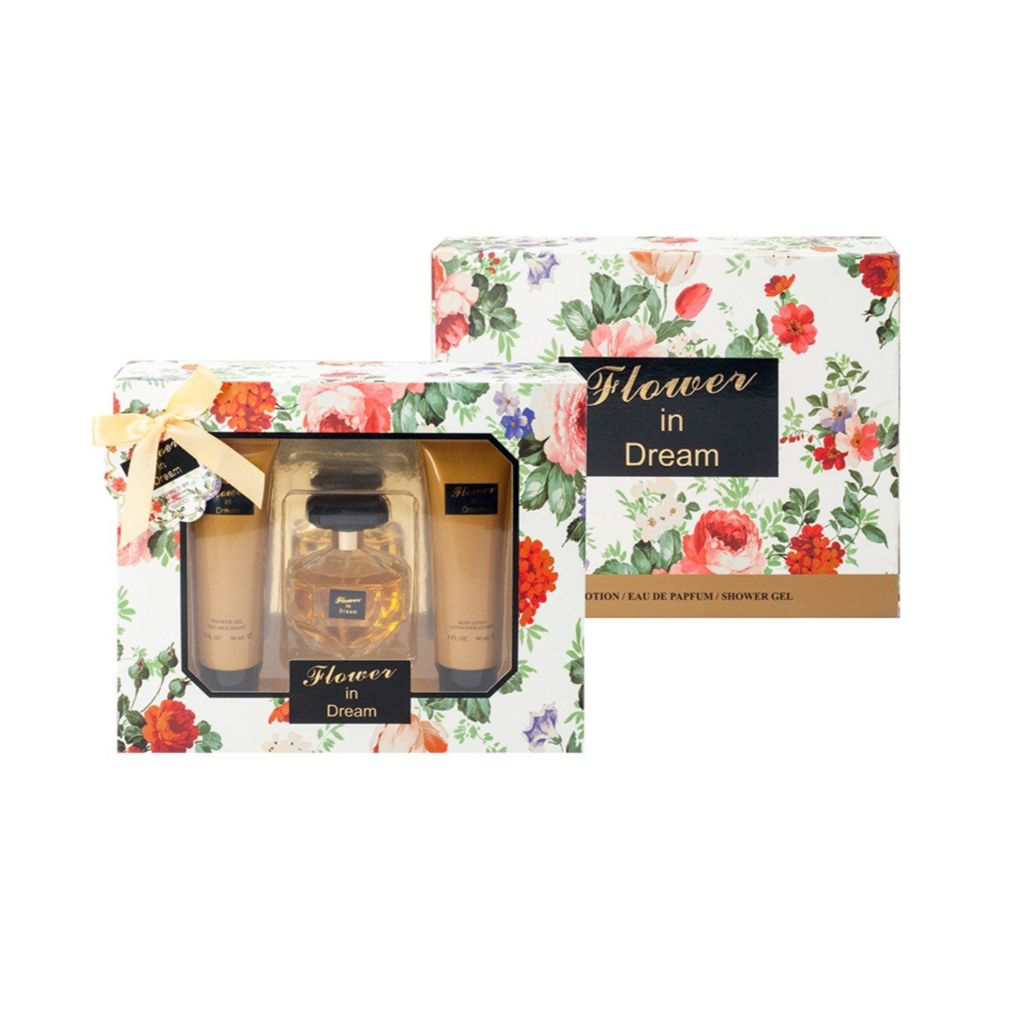 Gift set with 'Flower in Dream' branding featuring three bottles and a floral box on a white background. This is a gift set fragrance called flower in dream from EBC Collection Brand.