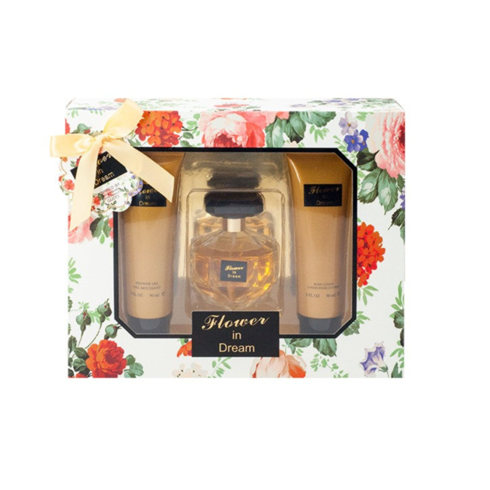 Three-piece perfume set with a floral gift box on a white background. This fragrance gift set is flower in dream by EBC Collection Brand.