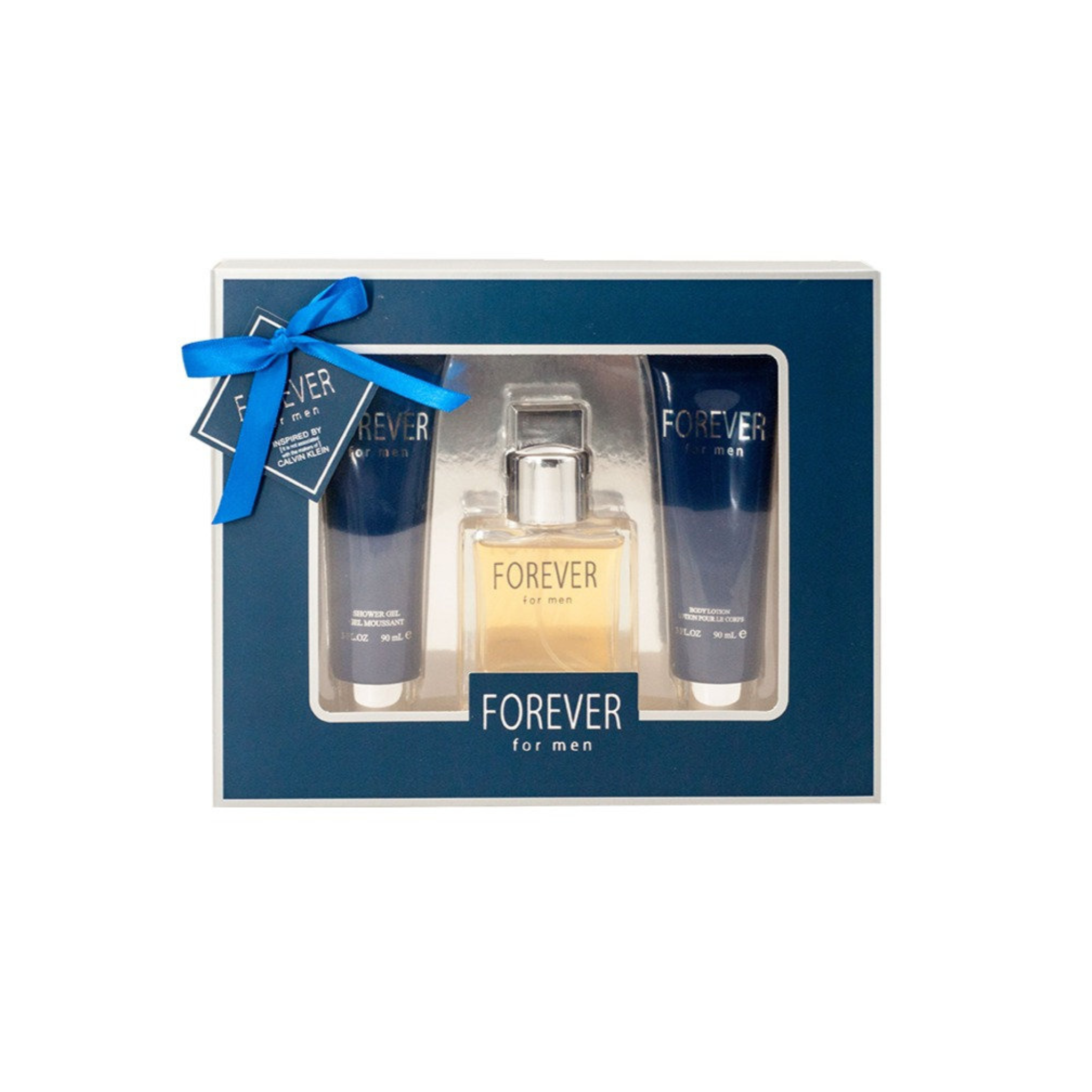Men's perfume set with 'Forever' branding in a gift box on a white background.