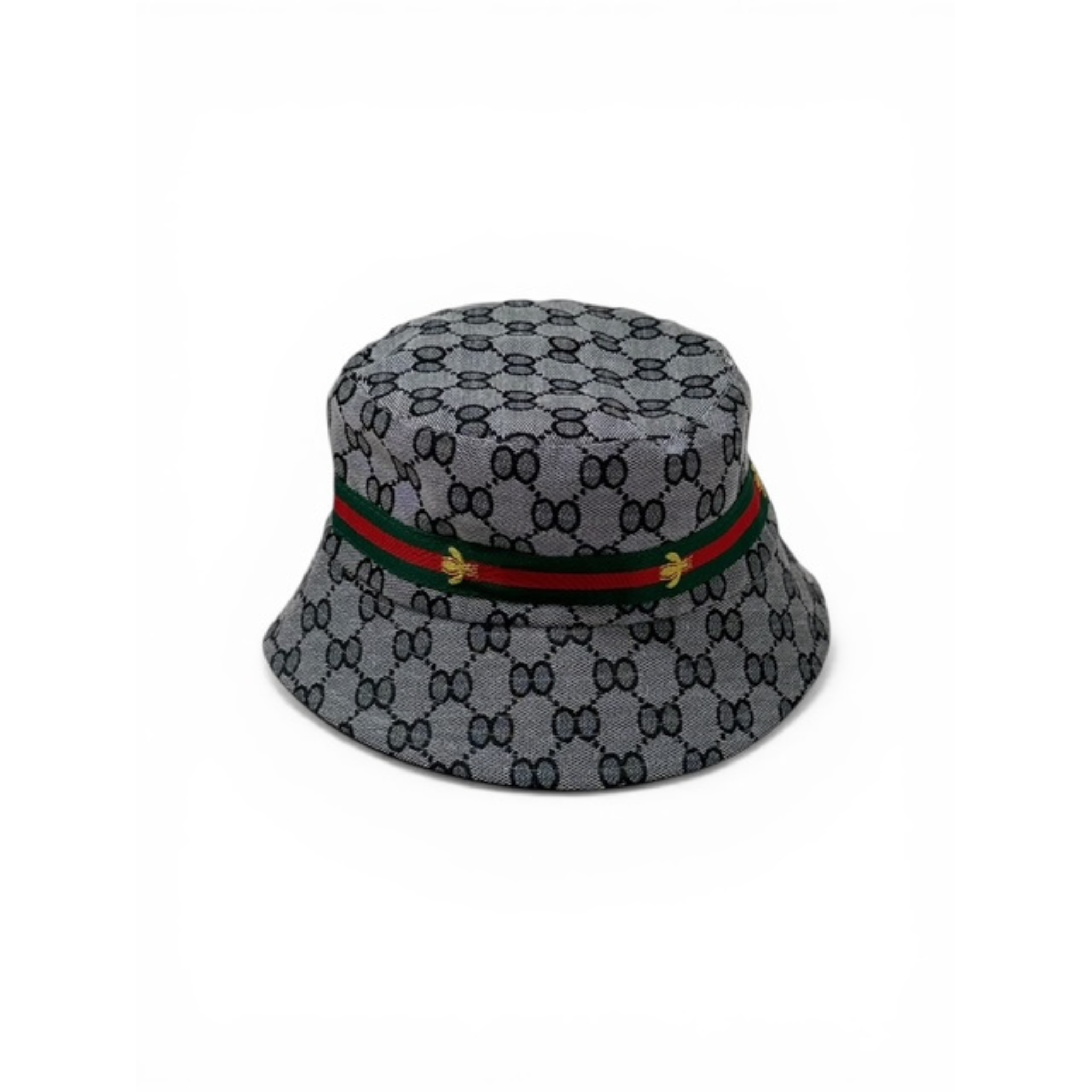 Gray bucket hat with a red and green striped band on a white background. There is a small yellow embroider bee logo on top of those stripes.