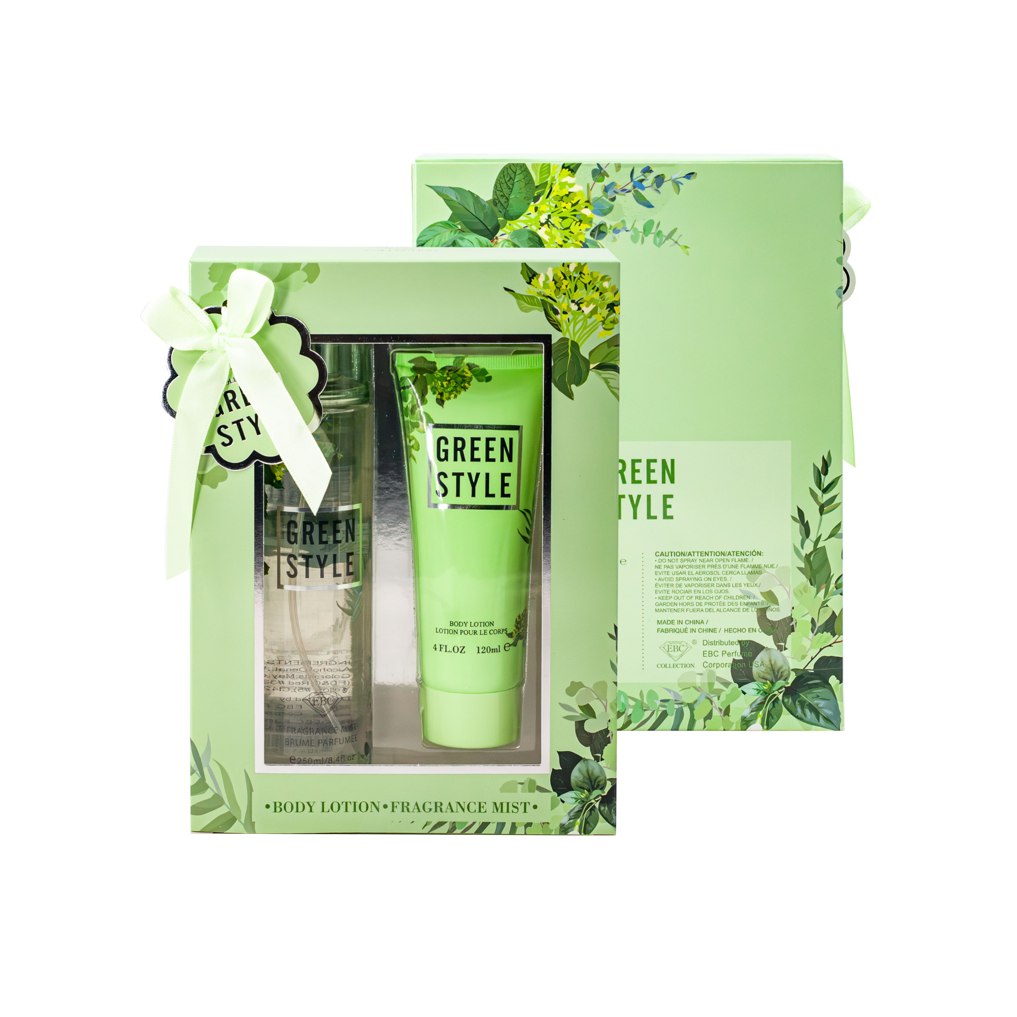 Green Style perfume set with lotion and body mist in a decorative box on a white background.This product is from EBC Collection