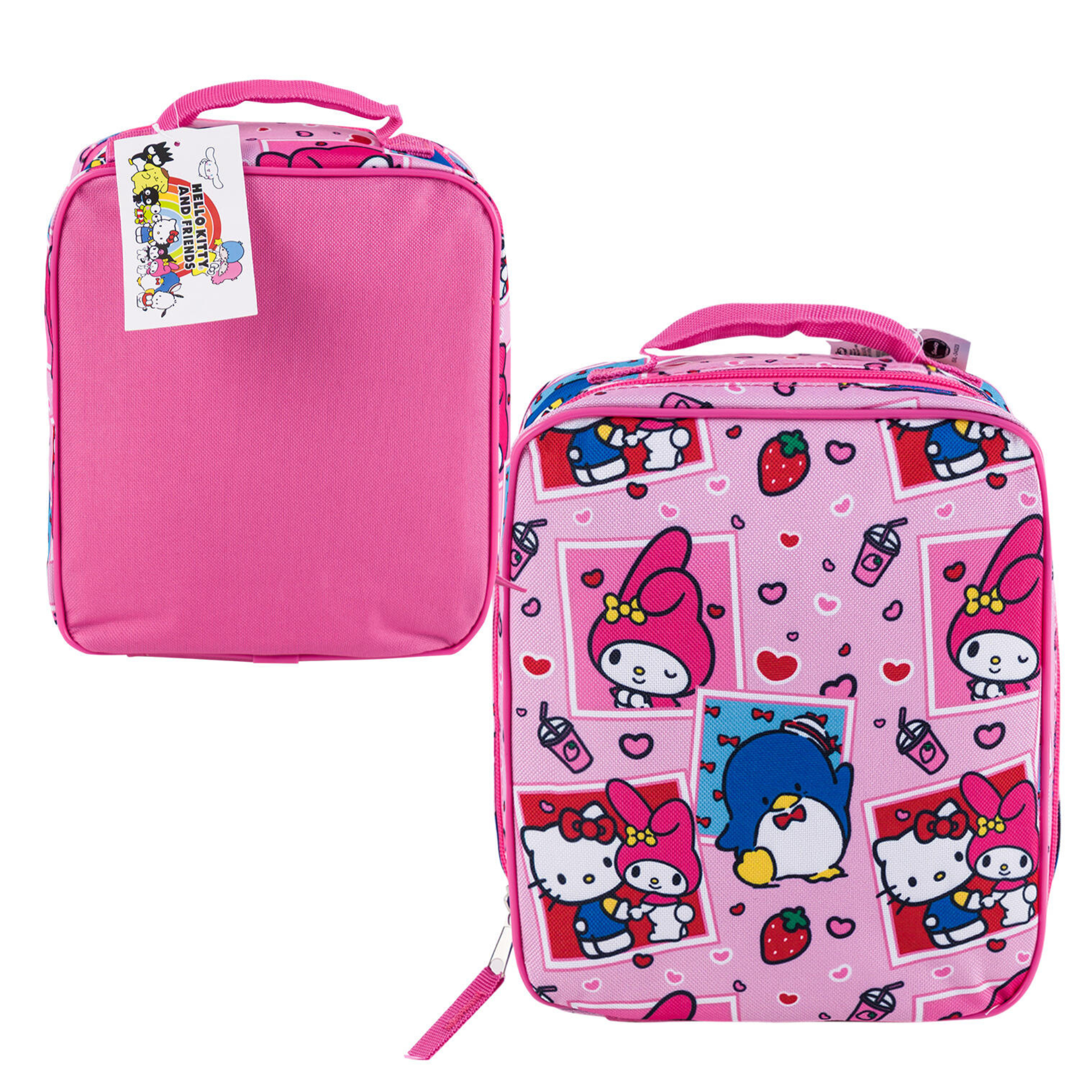 Pink lunch bag with Sanrio cartoon character design on a white background