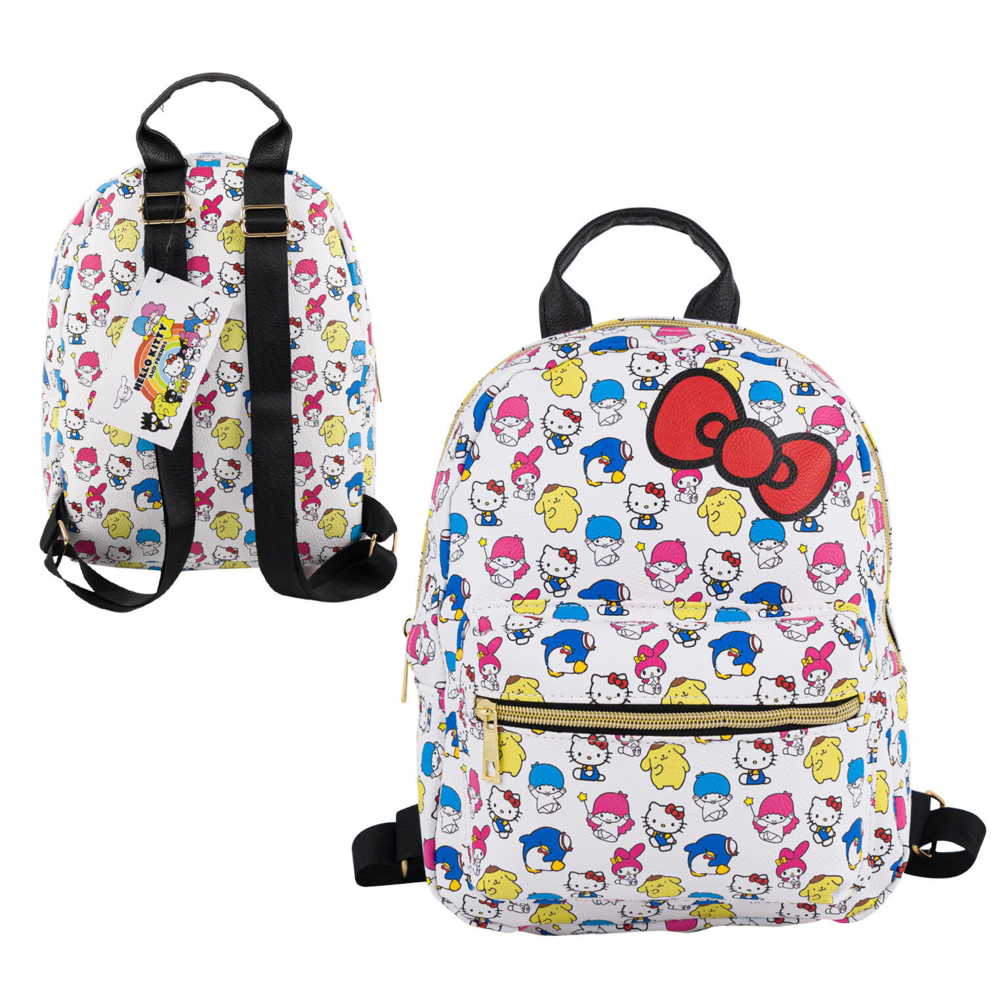 Mini Vegan Leather Backpack with Hello Kitty and friends pattern on a white background
