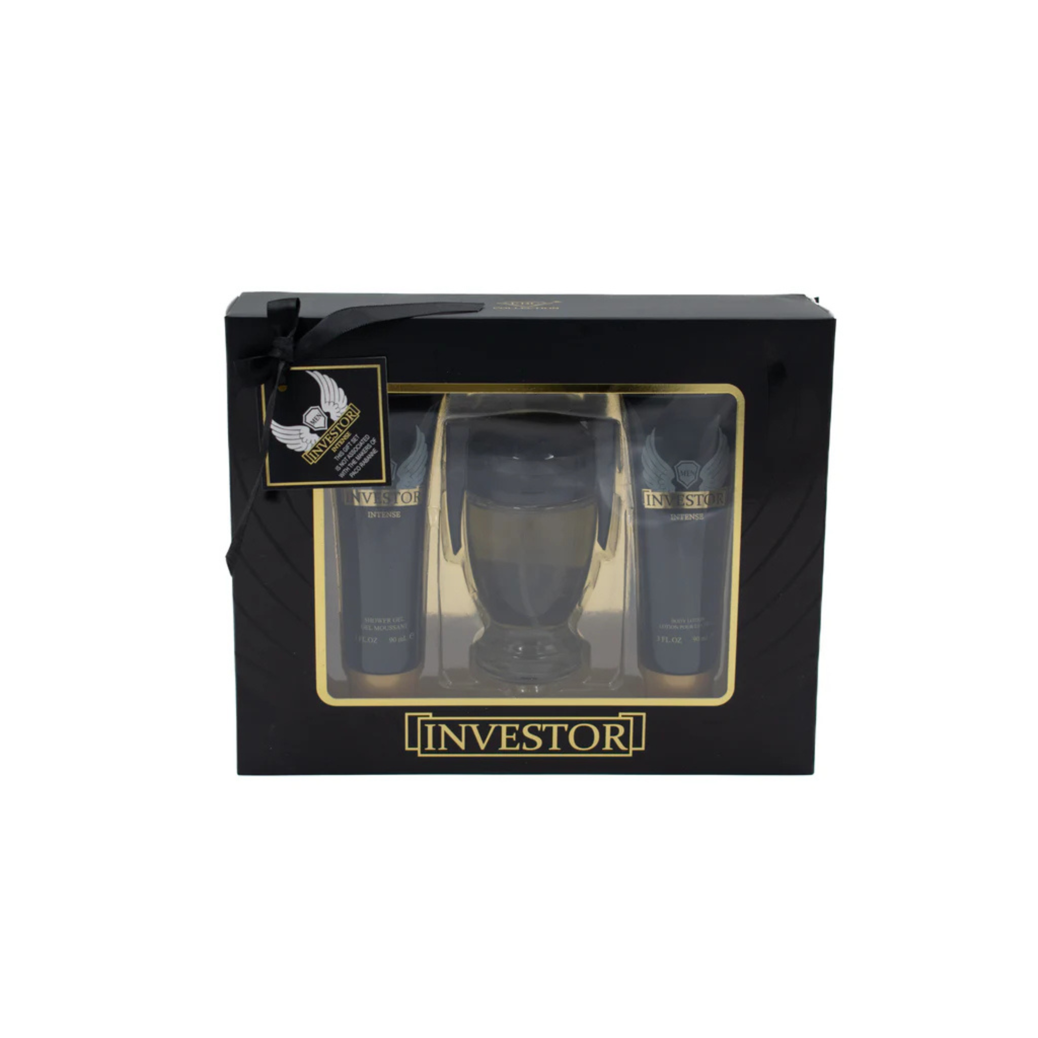Investor fragrance gift set in a black gift box with a black ribbon. This product is from the brand EBC Collection.