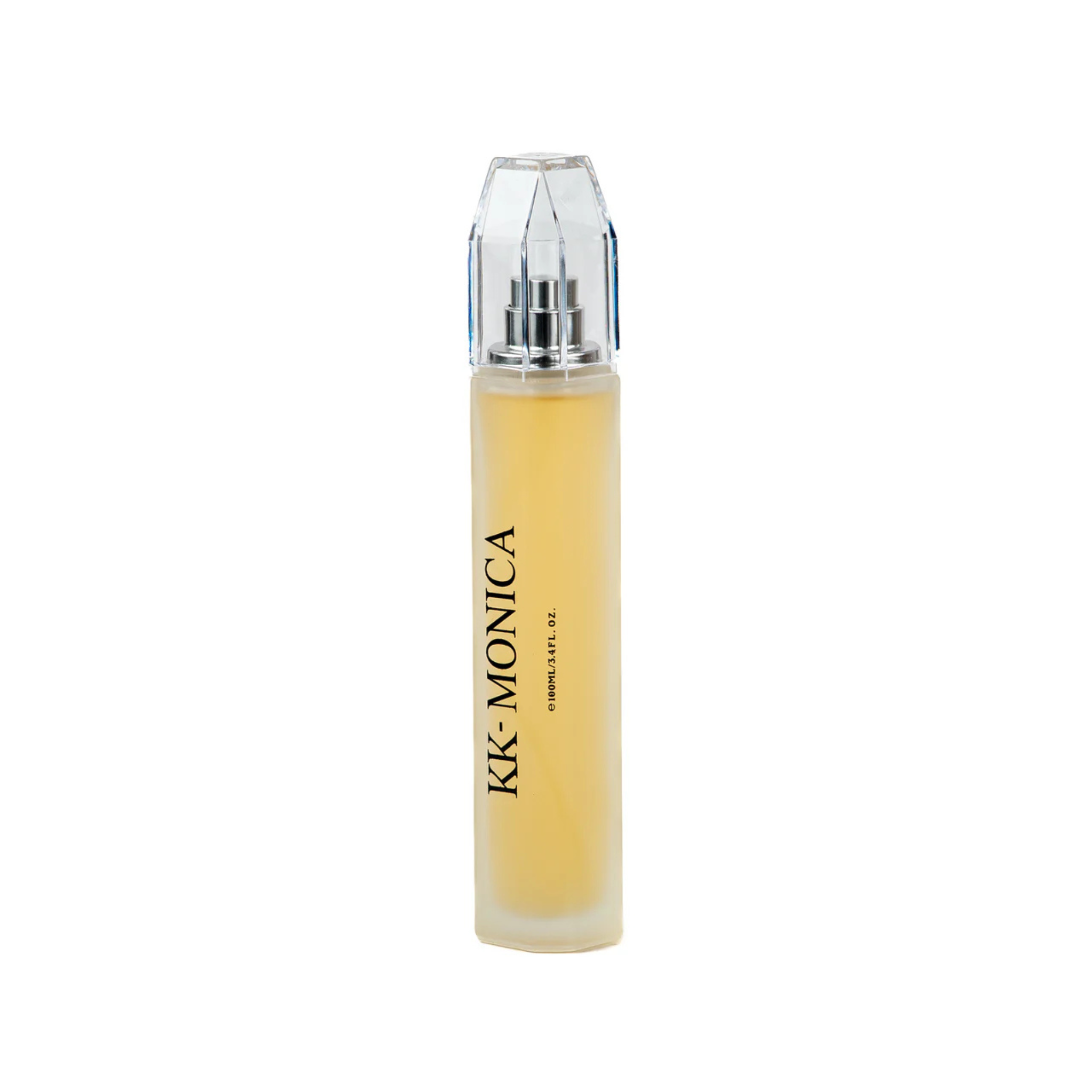 Yellow liquid bottle with silver cap on a white background. This is KK-Monica a fragrance from EBC Collection