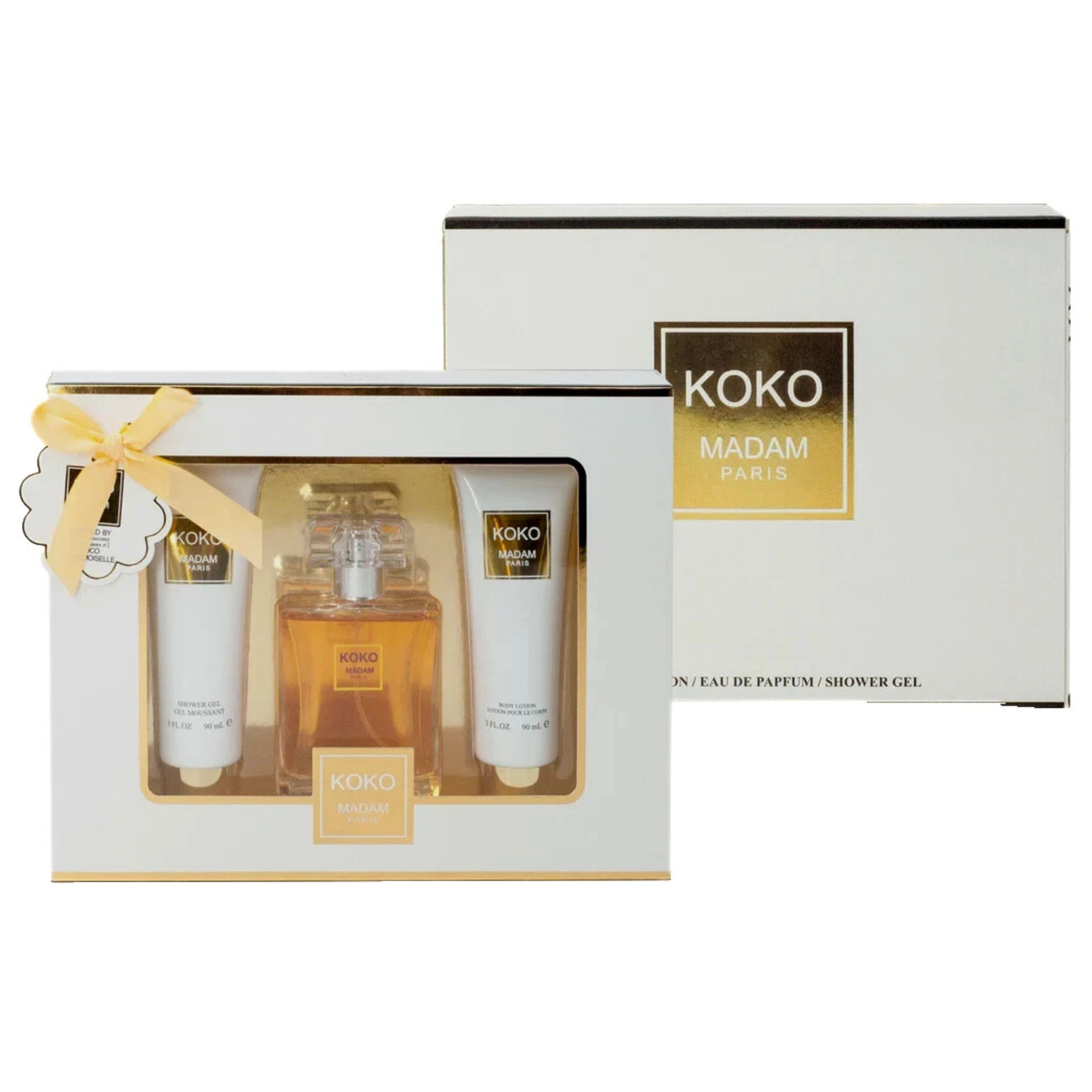 Koko Madam Paris perfume Gift set. A white box with gold accents. This fragrance gift set is from EBC Collection Brand.