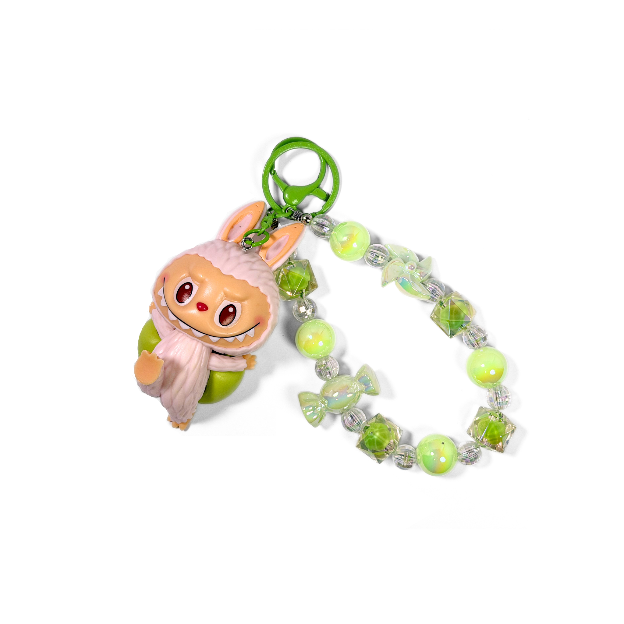Labubu Lazy Yoga Keychain and green beads on a white background
