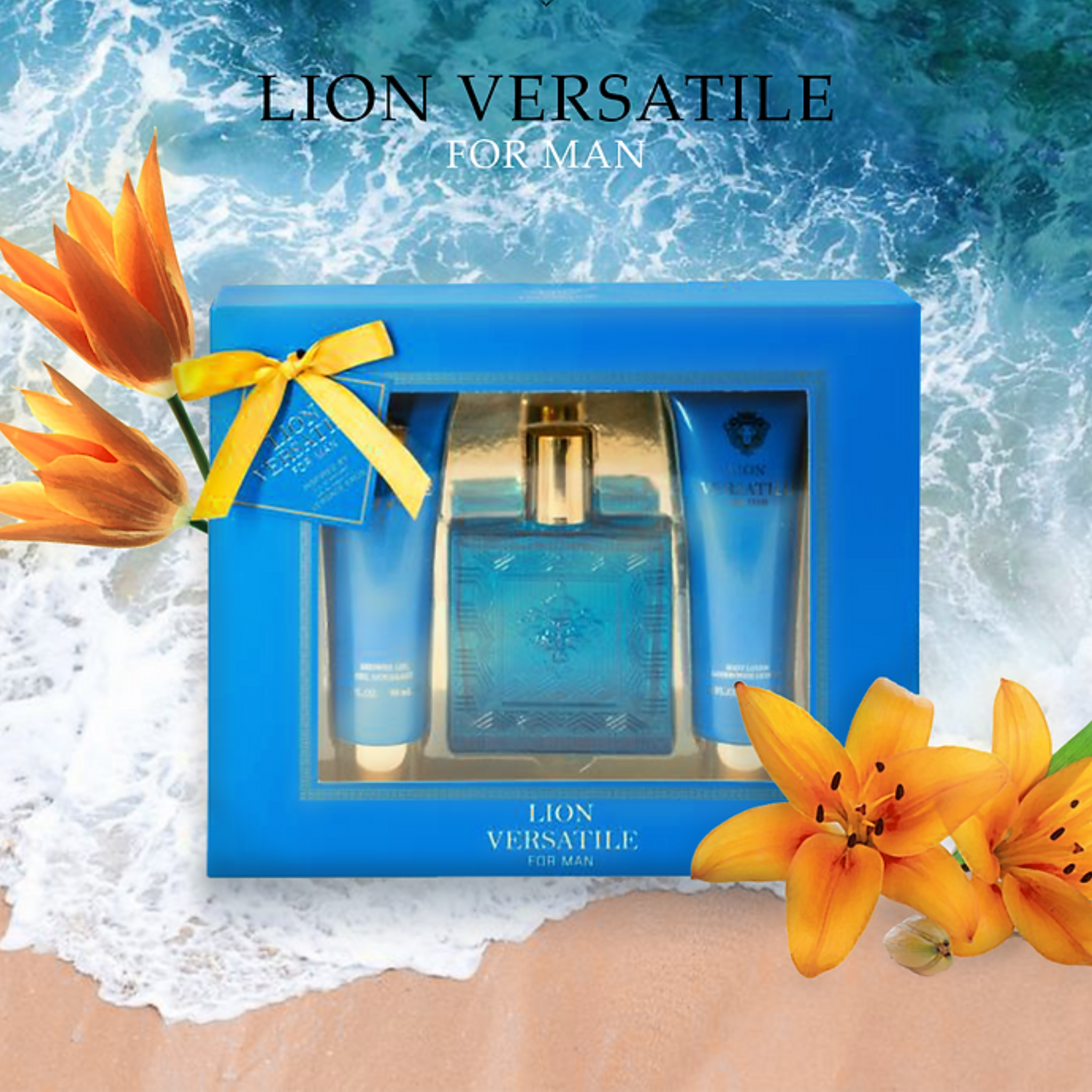 Lion Versatile for Man perfume set with flowers on a textured background. This is from the EBC Collection Brand.