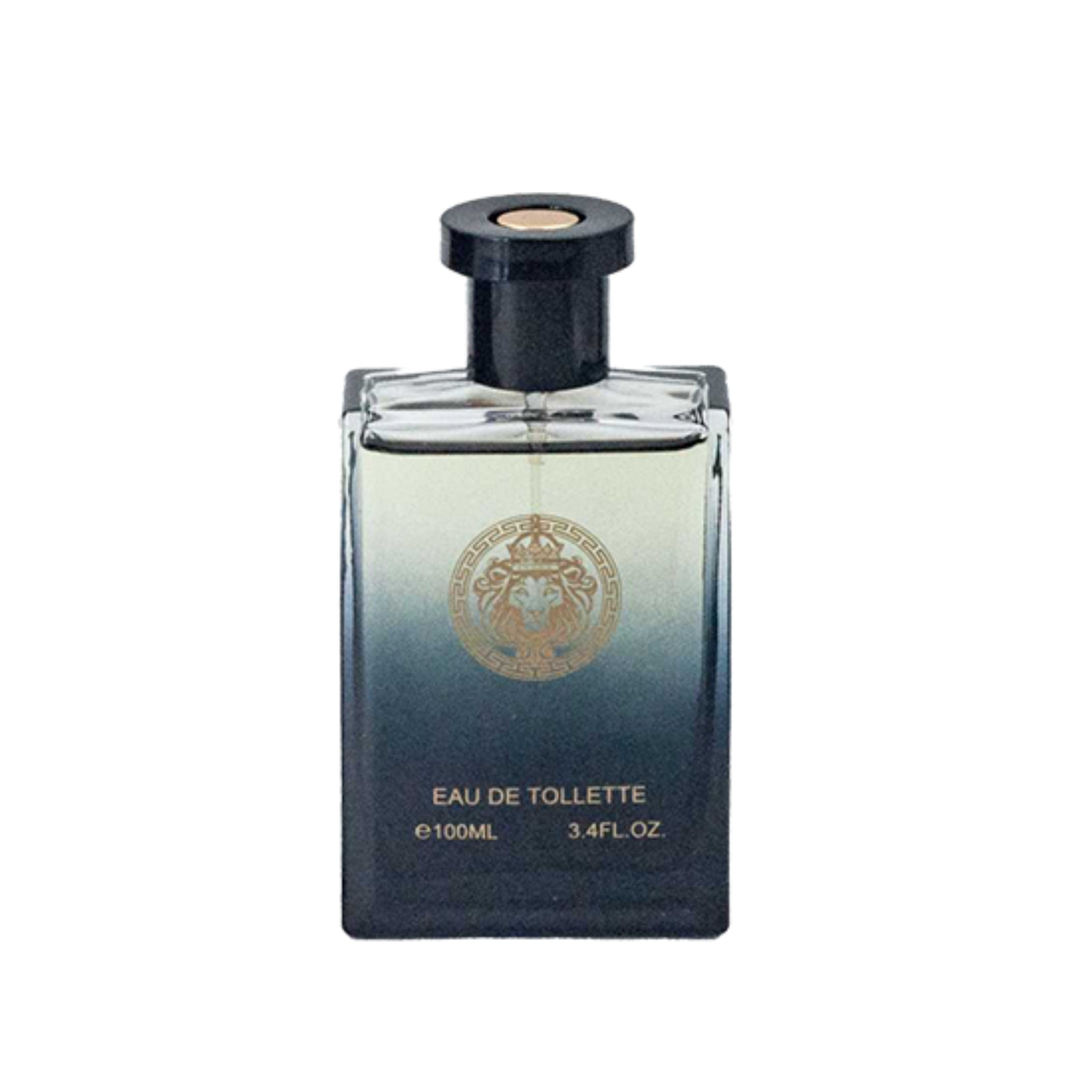 Perfume bottle with black cap and gradient label on a white background. This fragrance is Lion Victor Pour Homme Black by EBC Collection.