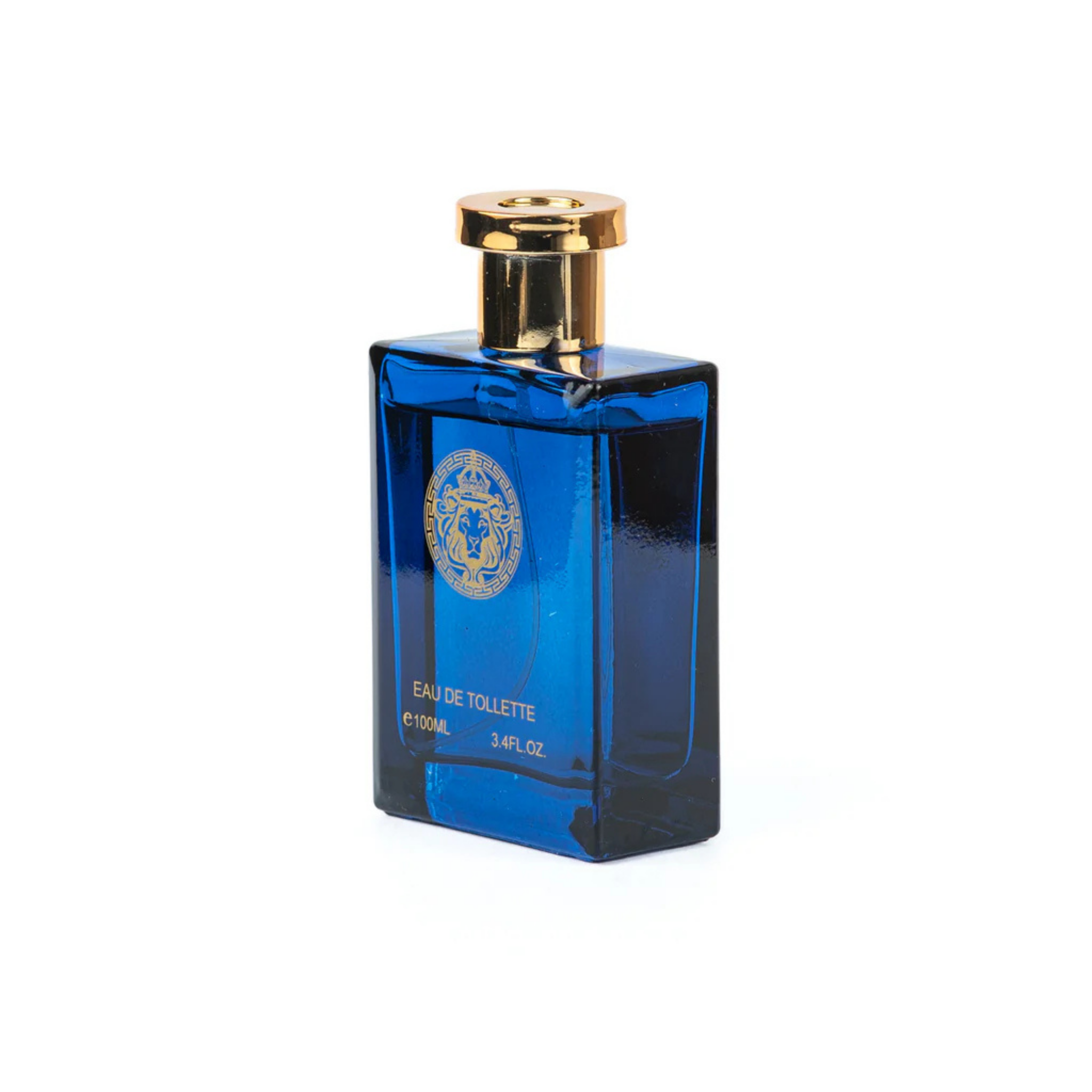 Lion Victor Pour Homme Blue perfume bottle with gold cap on a white background. This fragrance is from EBC Collection.