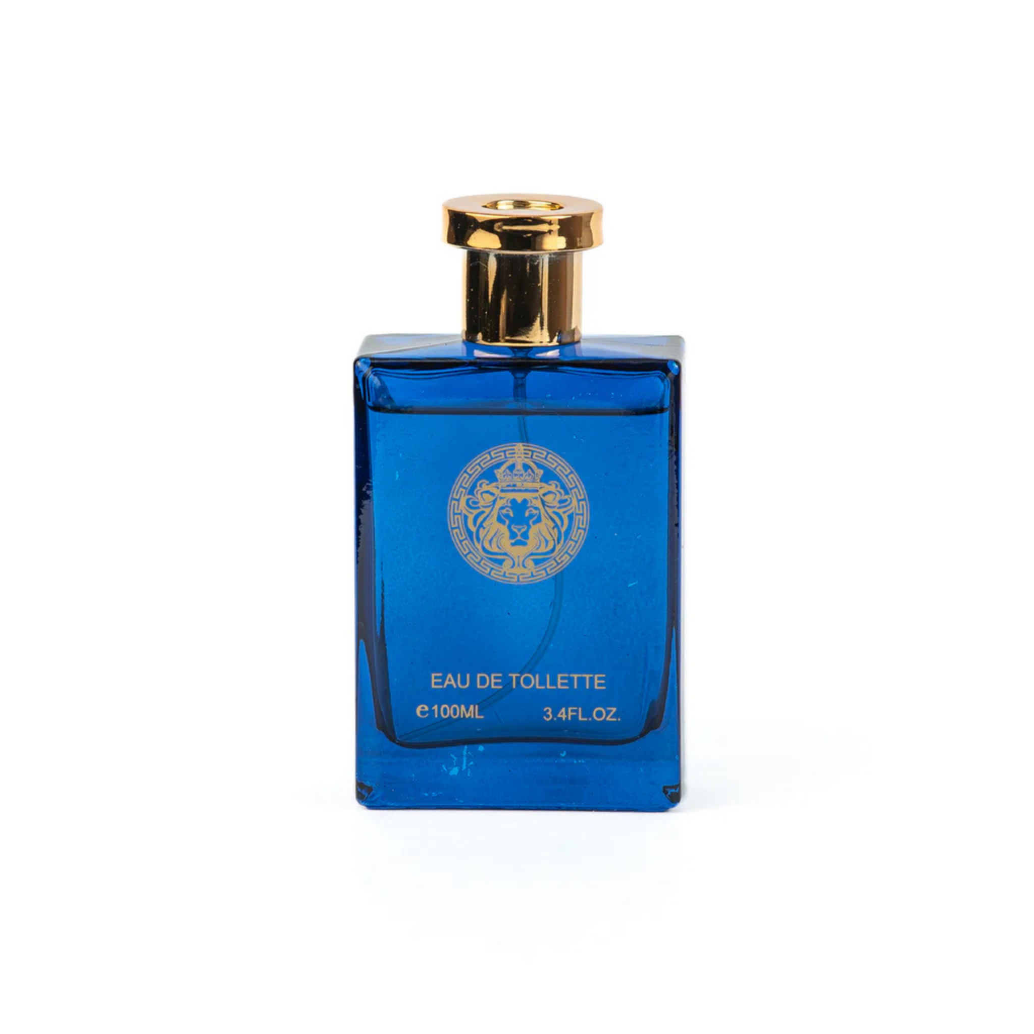 Lion Victor Pour Homme Blue Eau de Toilette bottle with gold cap on a white background. This fragrance is from EBC Collection.