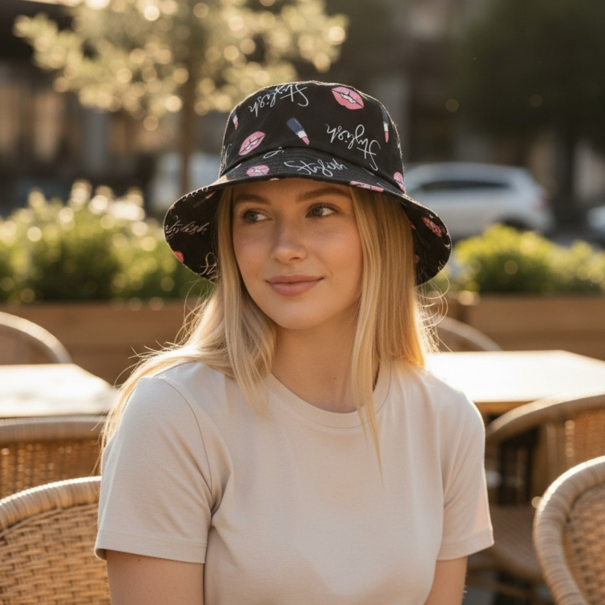 Woman wearing a black bucket hat outdoors. This image showcases a bucket hat with lipstick print on the item.